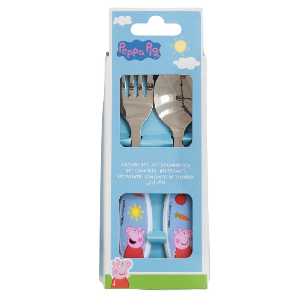 Un set di posate Peppa Pig in scatola, tra cui forchetta e cucchiaio.