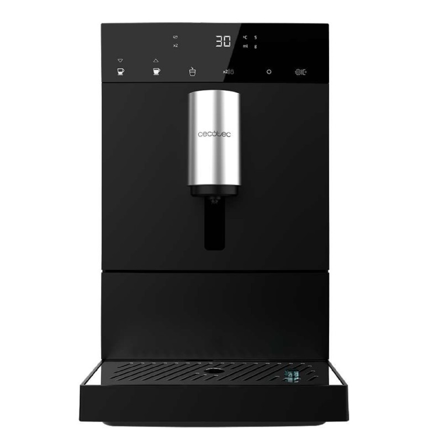 Una macchina da caffè nera e argento con display digitale.