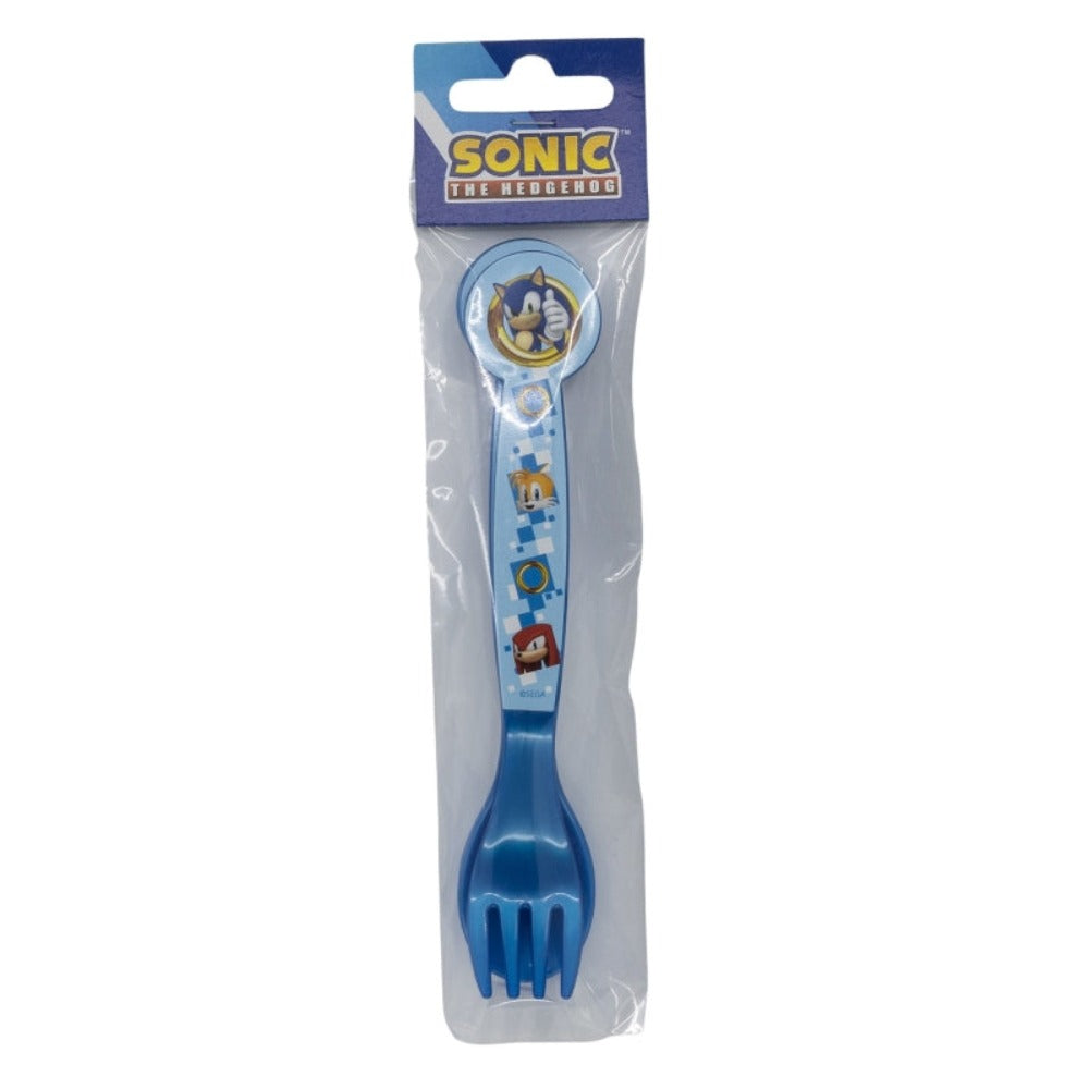 Ein verpacktes blaues Plastikgabel- und Löffelset mit Sonic the Hedgehog-Figuren, bereit für die Einzelhandelspräsentation.