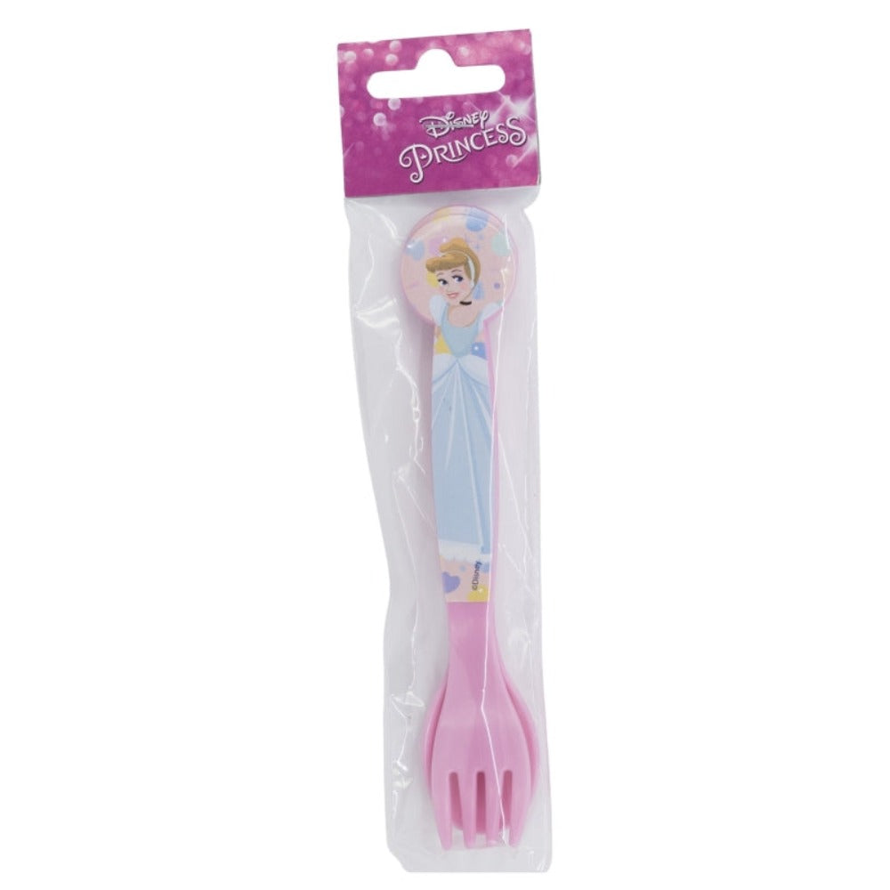 Ein rosa Gabel- und Löffelset in einer Disney Princess-Plastikverpackung. Zeigt Aschenputtel auf dem Griff.