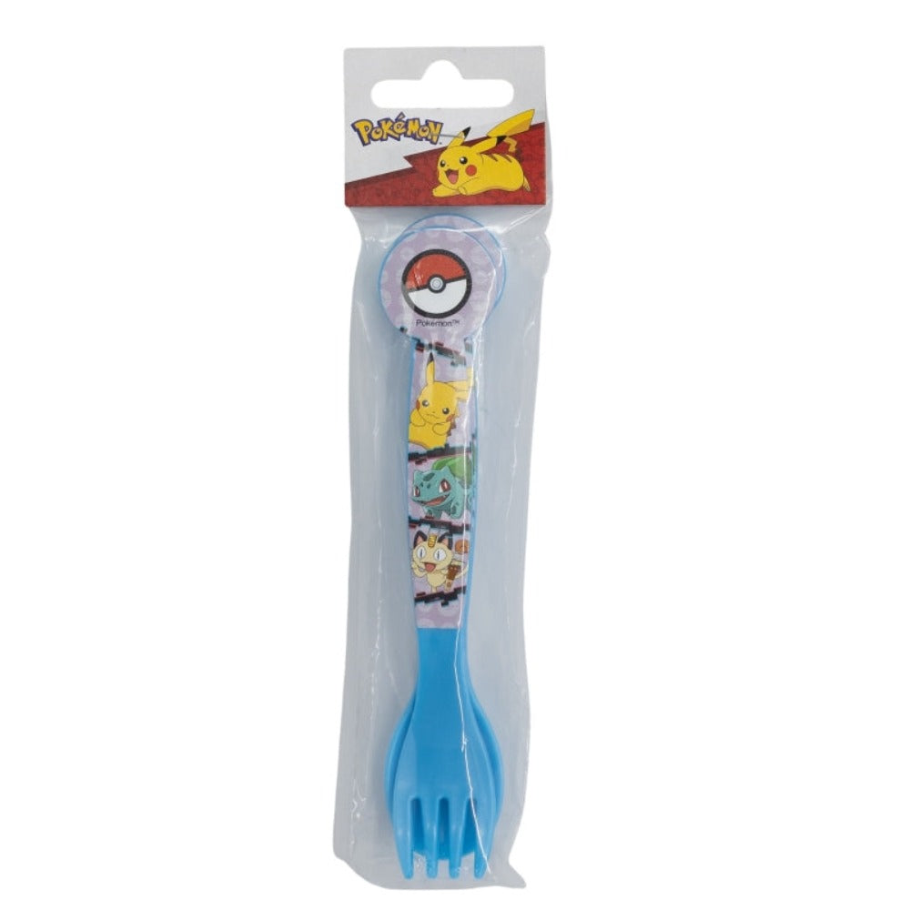 Ein Pokemon-Gabel- und Löffel-Set in Kunststoffverpackung mit Pikachu und anderen Charakteren.