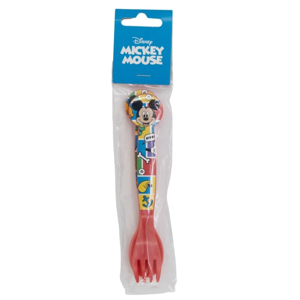 Eine Mickey-Mouse-Gabel in einer Plastiktüte. Die Gabel ist rot, mit einem Mickey-Mouse-Design.