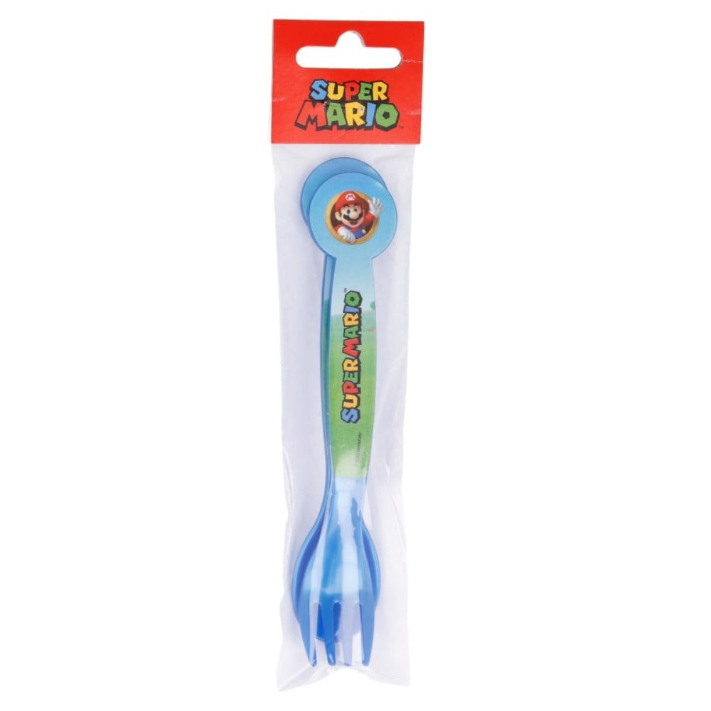 Blaues Super Mario Gabel- und Löffel-Set in einer Plastiktüte mit Super Mario-Aufdruck.