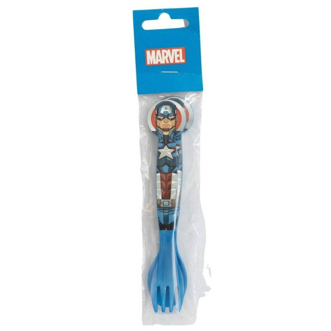Ein Captain America Gabel- und Löffel-Set in einer Plastikverpackung.