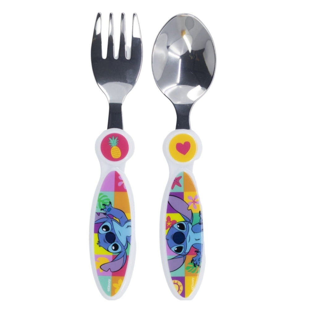 Un set di forchetta e cucchiaio con design Stitch.