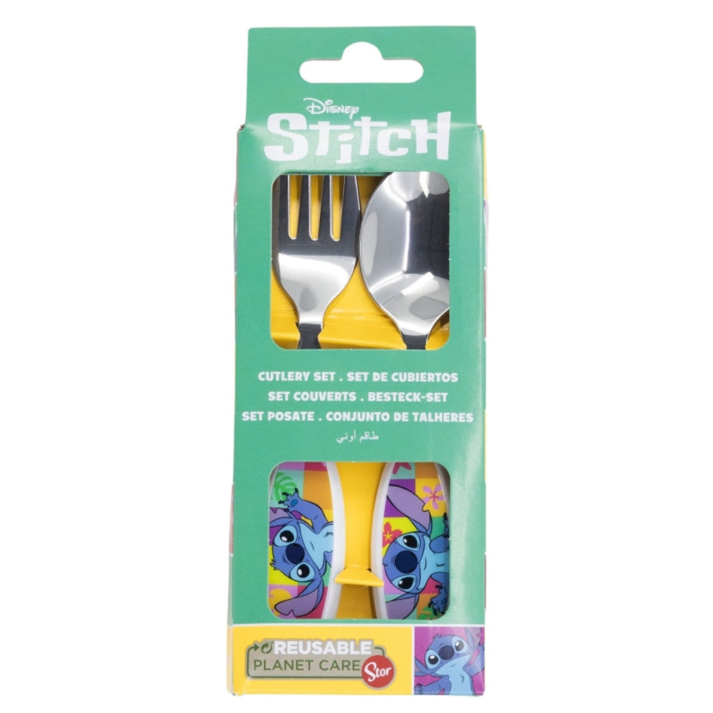 Un set di posate Disney Stitch in una scatola verde, con forchetta e cucchiaio.