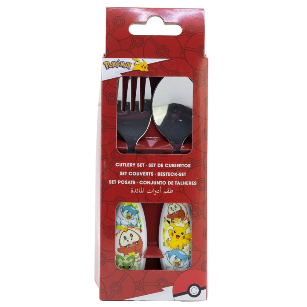 Pokemon-Besteckset in einer roten Box, einschließlich Gabel und Löffel.