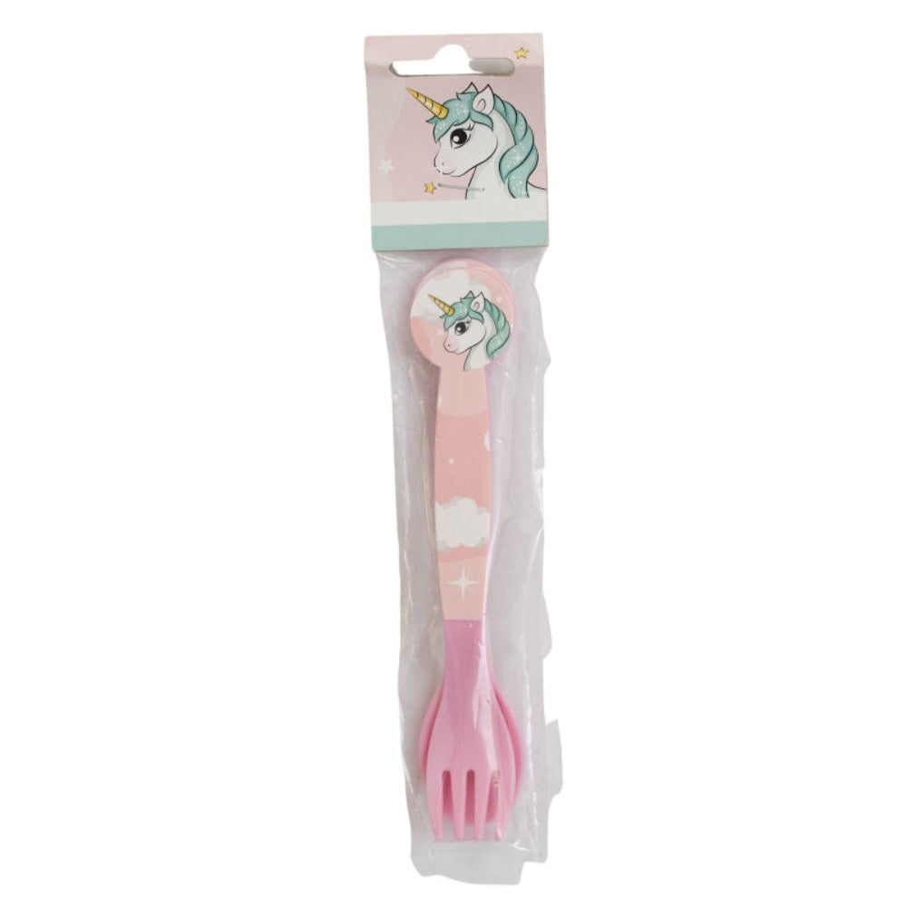 Rosa Einhorn-Gabel- und Löffelset in Verpackung. Das Set ist rosa mit Einhorn-Design und Wolkendetail.
