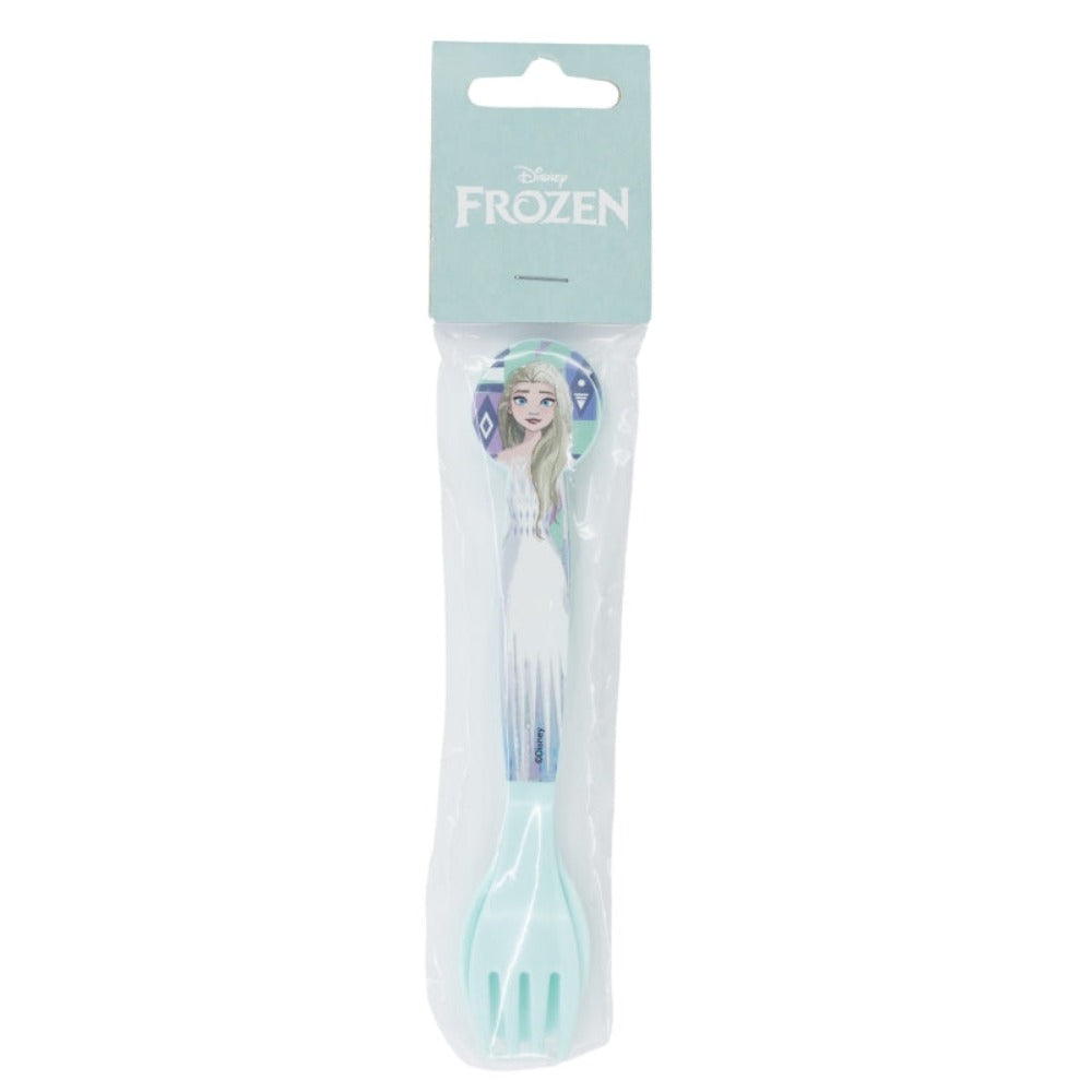 Ein Frozen-Gabel- und Löffel-Set in einer Plastikverpackung. Gabel und Löffel sind blau und haben ein Frozen-Bild.