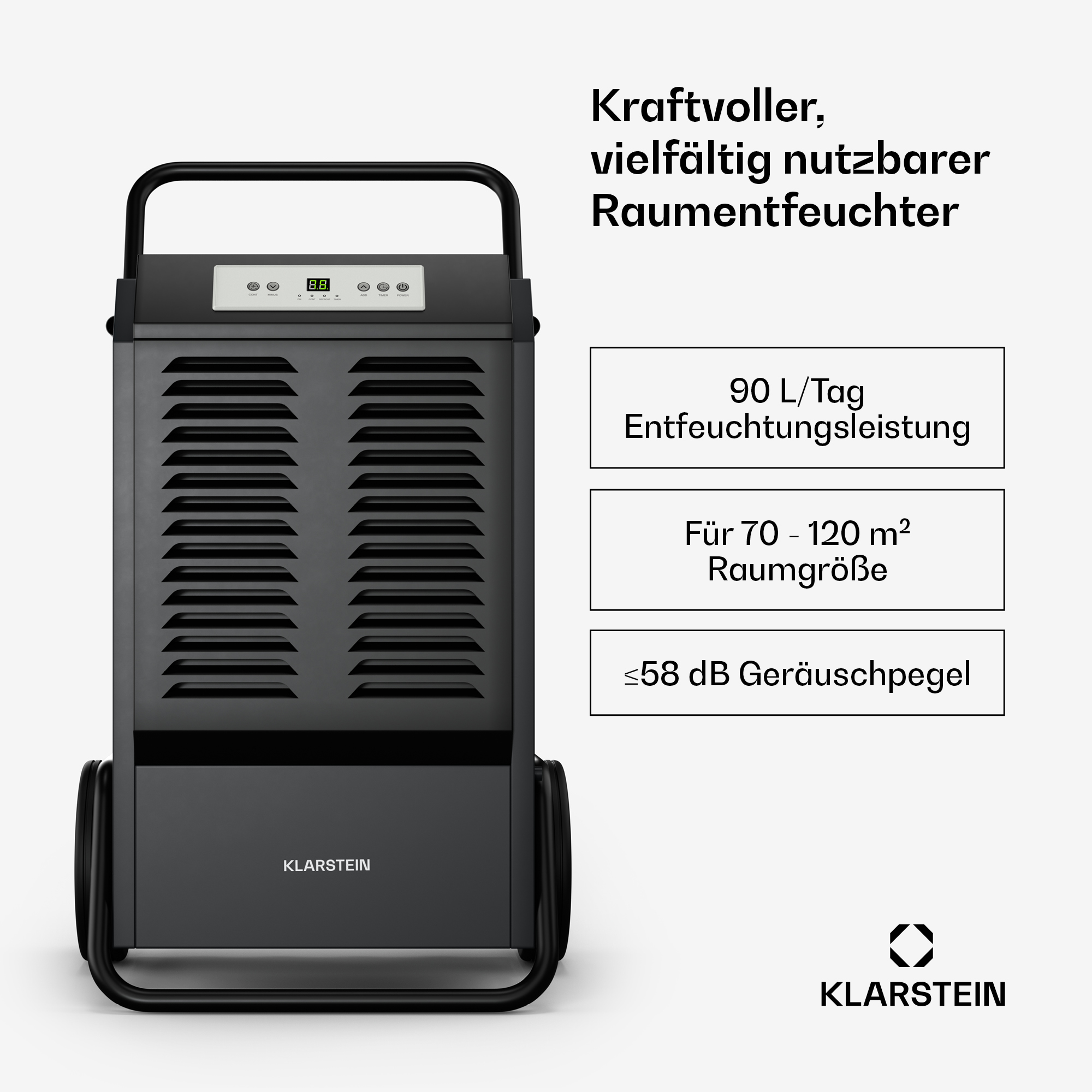 Deumidificatore con testo. Il testo include '90 L/Tag', '70 - 120 m² Raumgröße' e '≤58 dB Geräuschpegel'.