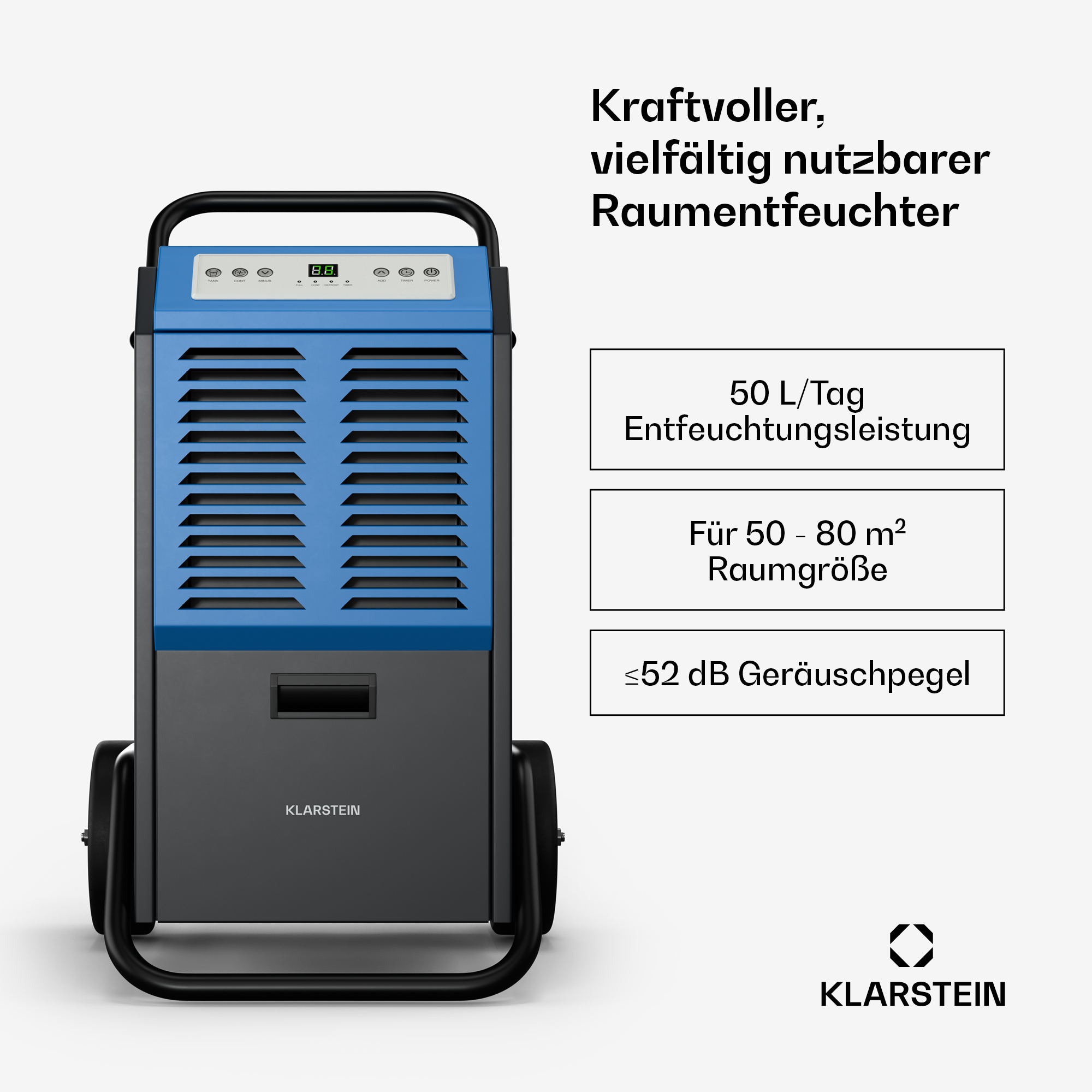 Blau-grauer Luftentfeuchter mit Digitalanzeige, mit Textbeschriftungen zu den Produkteigenschaften.
