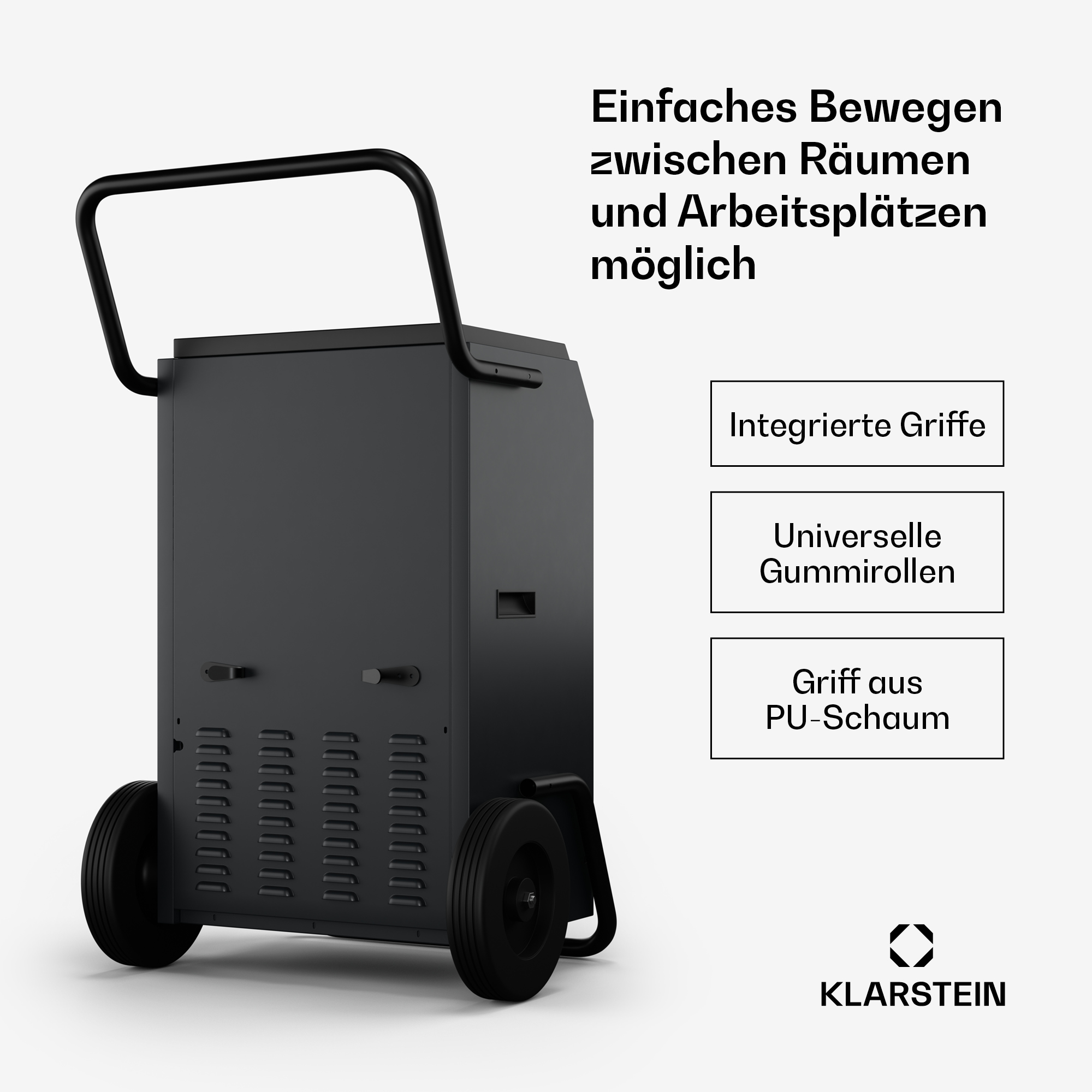 Carrello nero con maniglia. Testo: Facile movimento tra stanze e luoghi di lavoro possibili.