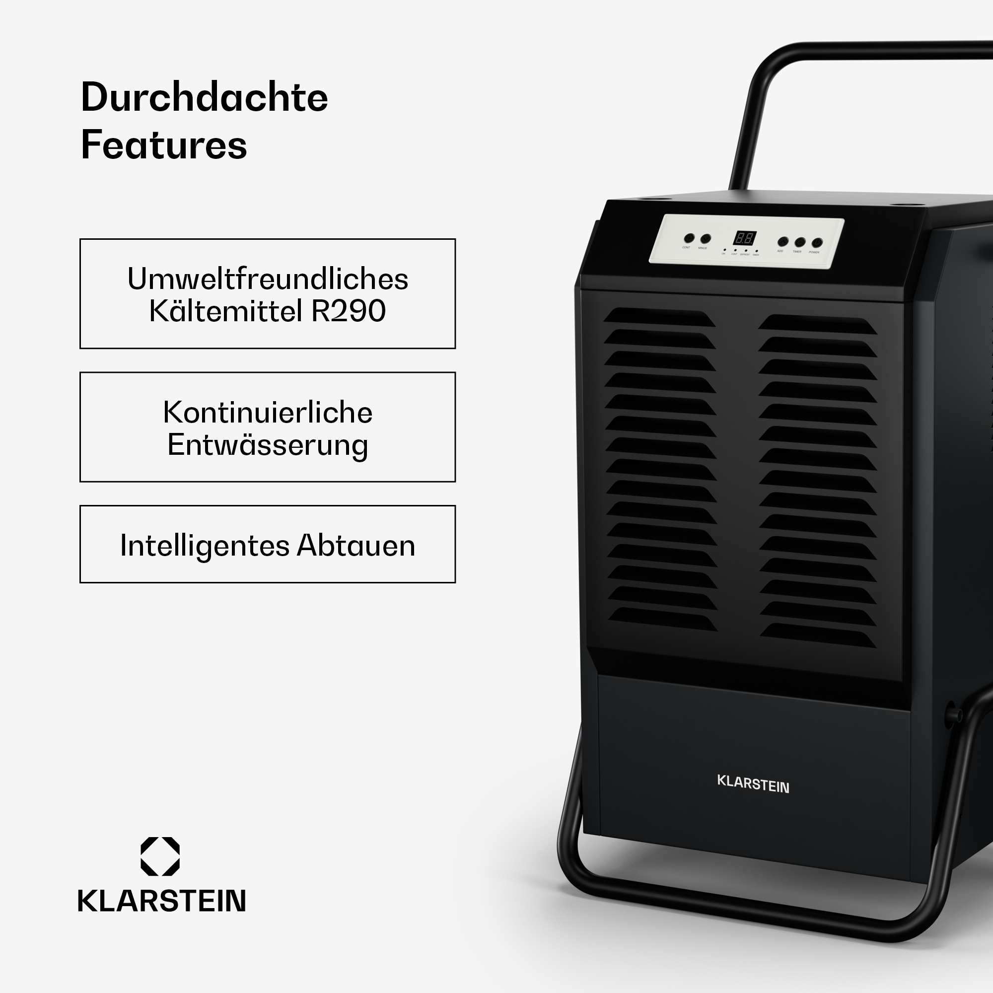 Un deumidificatore nero con maniglia. Ha un display e dei pulsanti con le caratteristiche elencate.