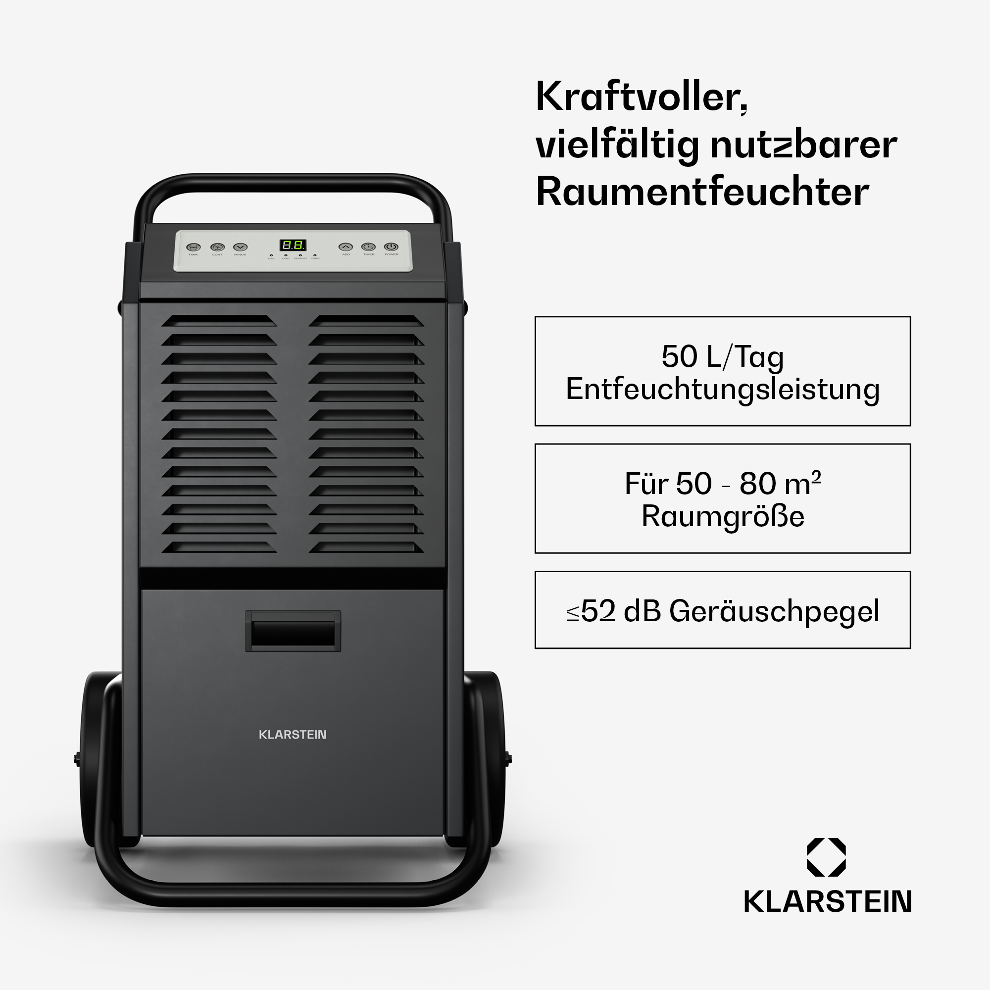 Großer schwarzer Luftentfeuchter mit Rädern und Griff. Text gibt 50 l/Tag Entfeuchtung, 50-80 m² Raumgröße an.