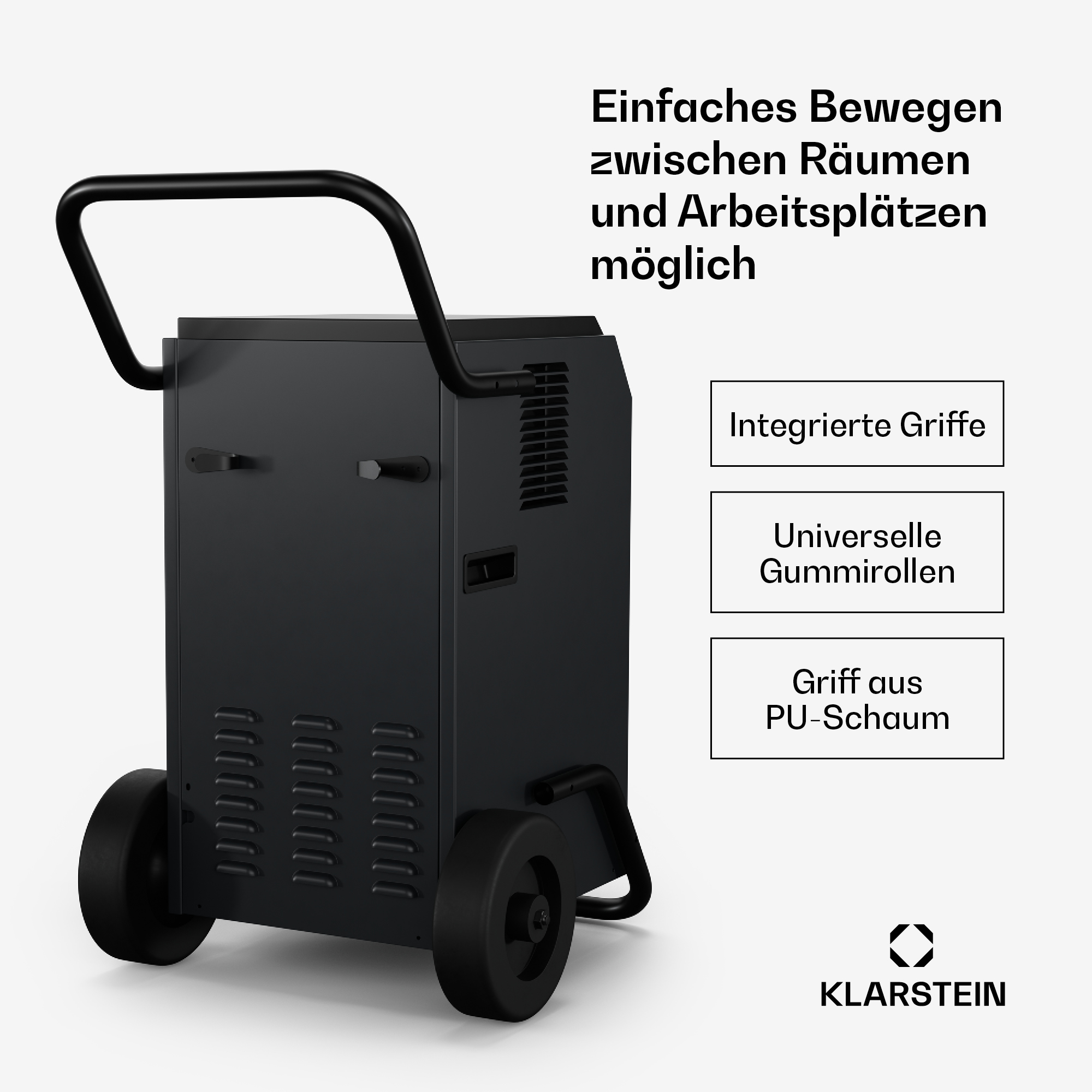 Schwarze Maschine im Industriestil mit Rädern und Griff. Text in Weiß, mit einem Klarstein-Logo.