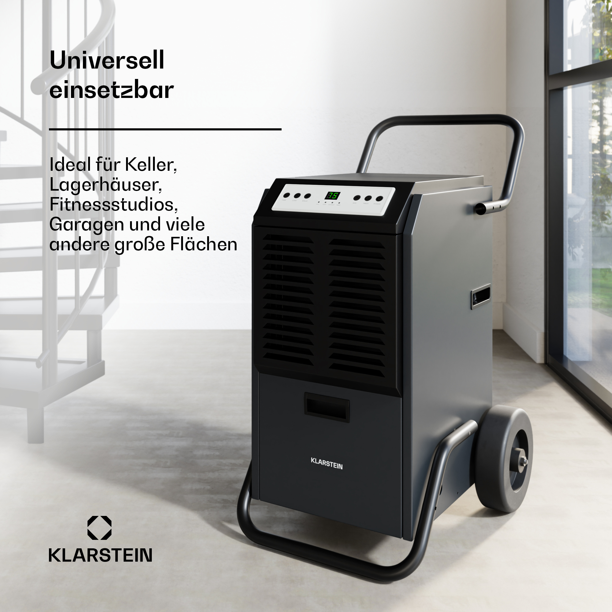 Ein schwarzer und grauer Luftentfeuchter mit Rädern, Griff und der Marke Klarstein.