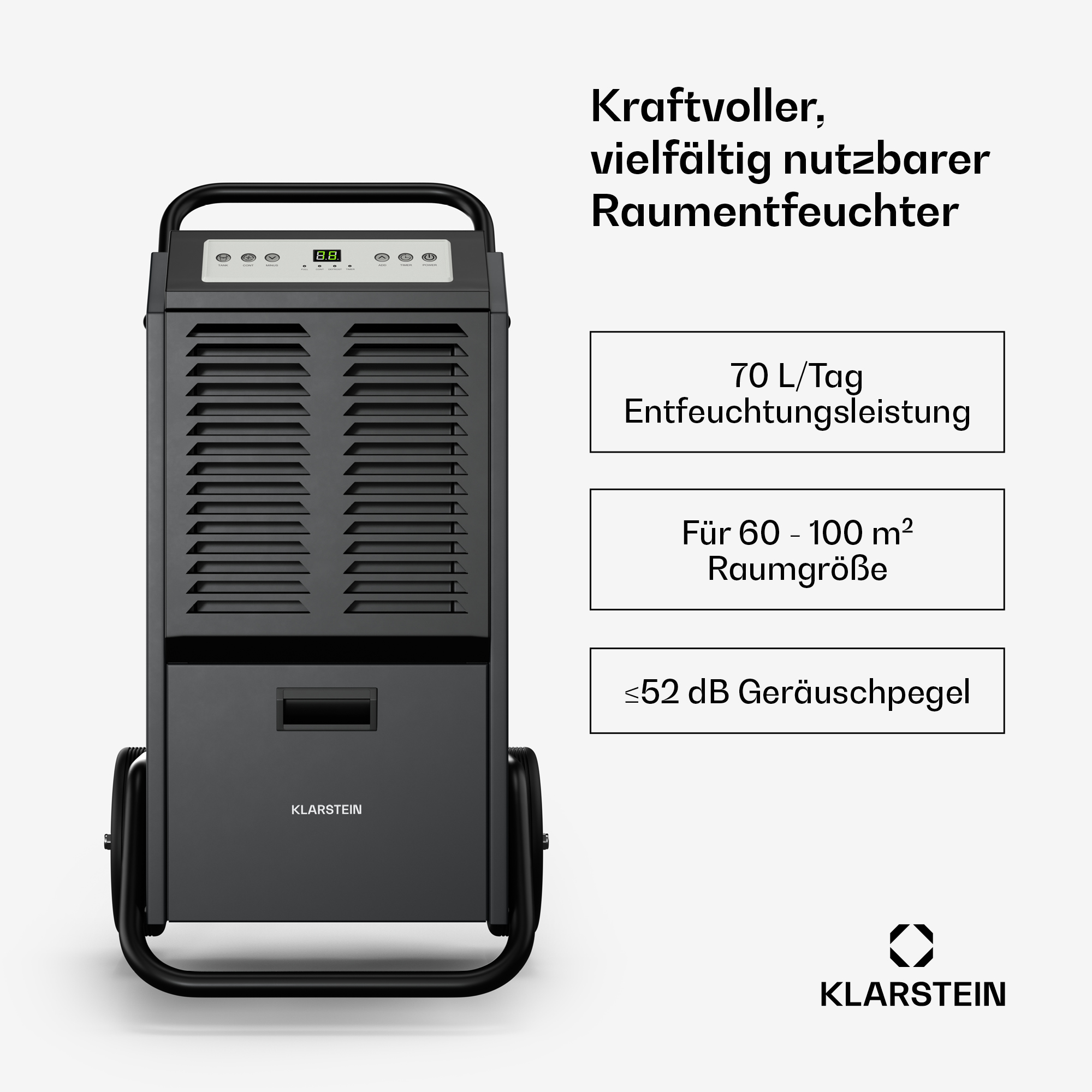 Ein schwarzer Luftentfeuchter mit Text und Symbolen auf weißem Hintergrund.