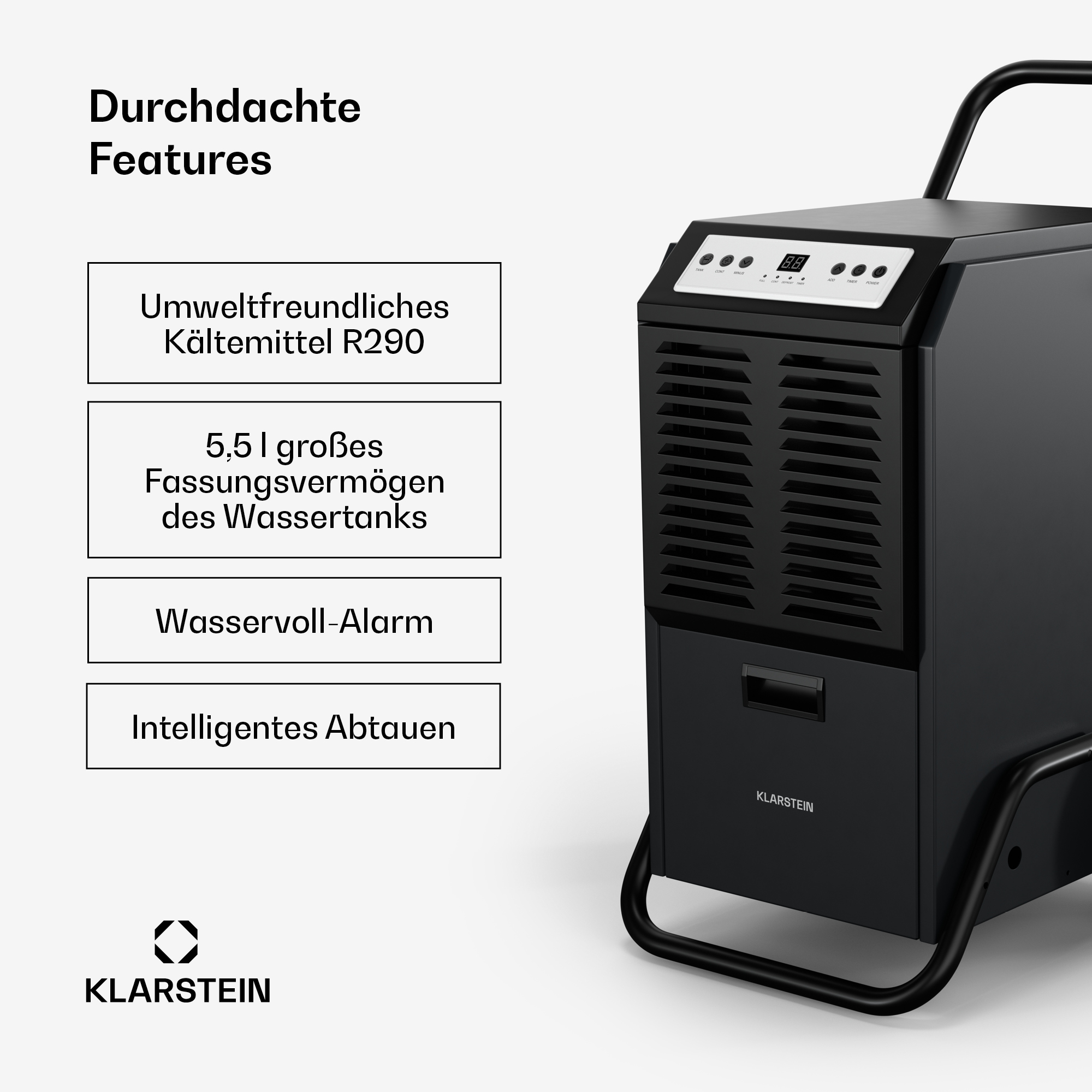 Ein schwarzer Luftentfeuchter mit Griff, Merkmale aufgelistet. Es hat ein Display und Knöpfe.