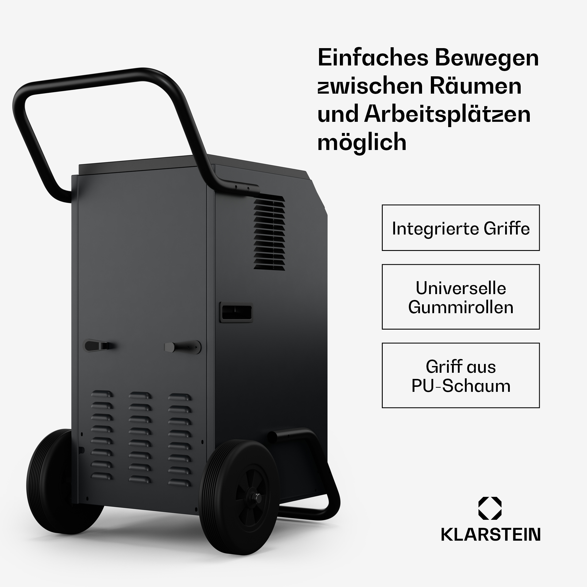 Ein schwarzer Luftentfeuchter auf Rädern mit Text und Symbolen auf weißem Hintergrund.