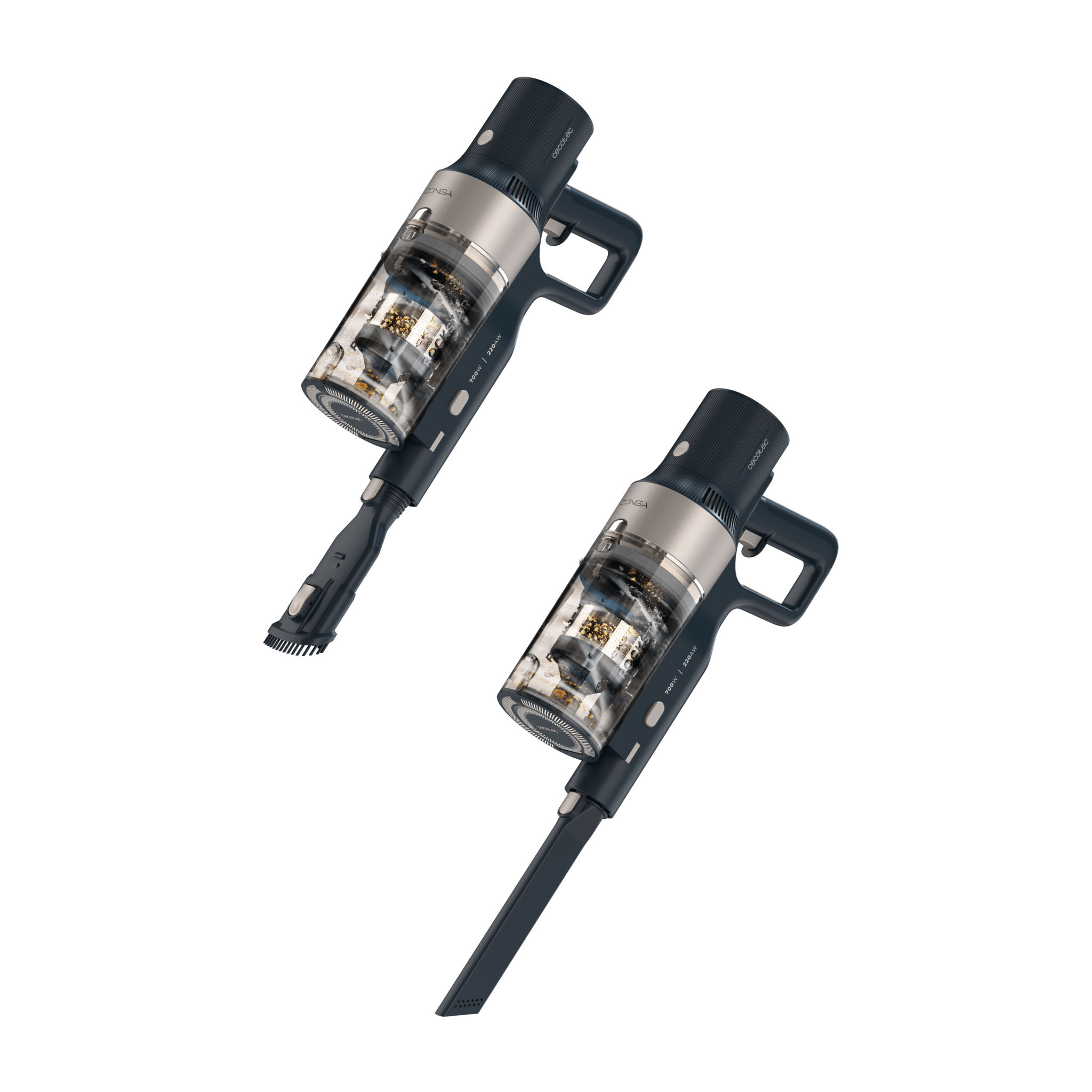 Two cordless vacuum cleaners against a black background. They have transparent dust containers.