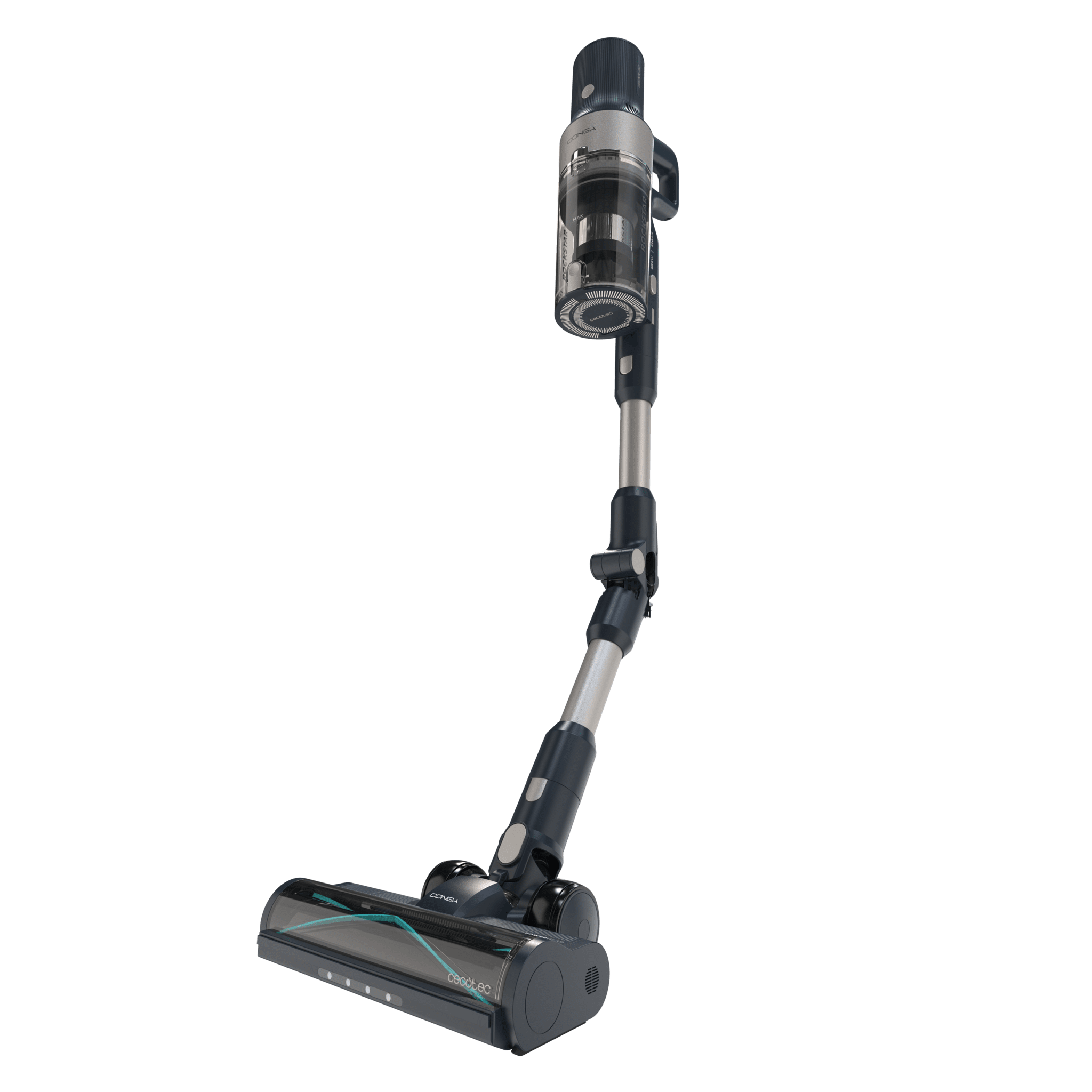 A cordless vacuum cleaner angled on a black background with a black handle.