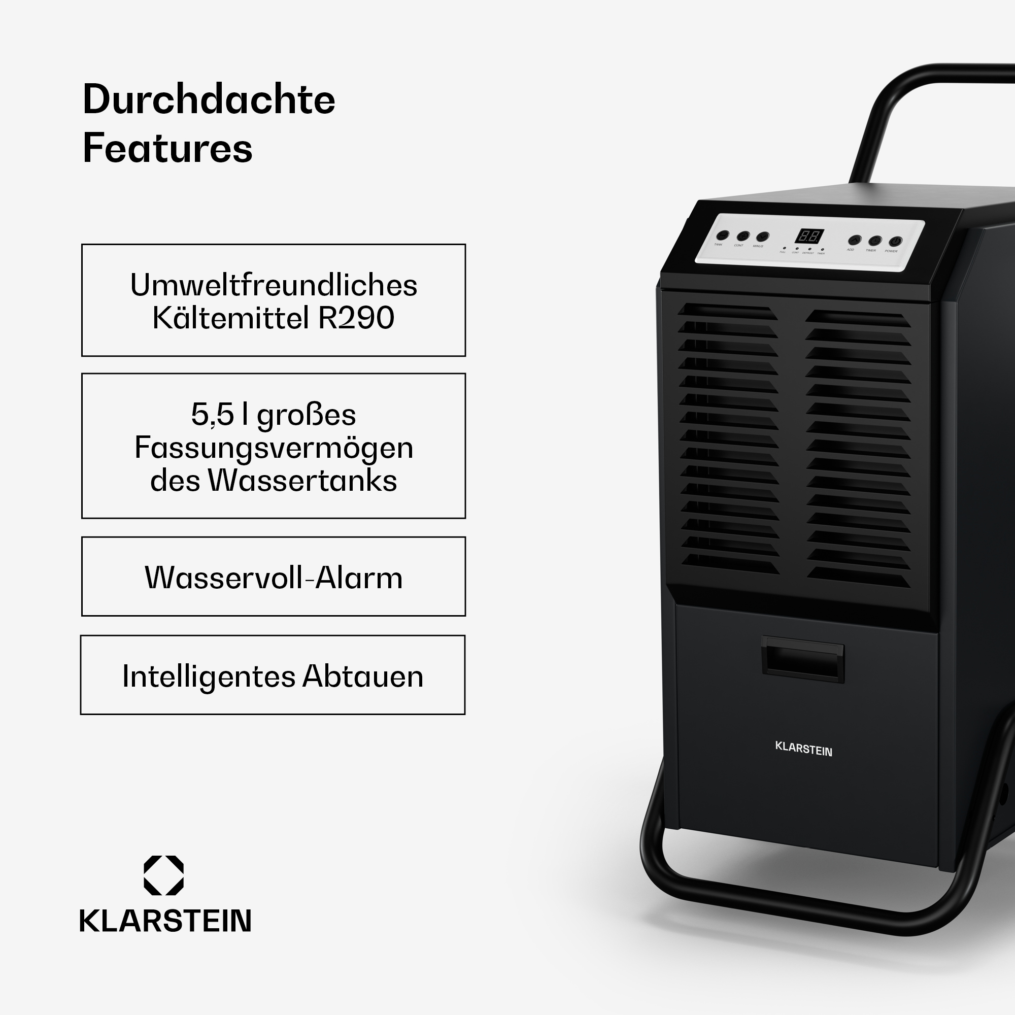 Ein schwarzer Luftentfeuchter mit Griff und Display. Daneben befinden sich weiße Textboxen mit deutschem Text.