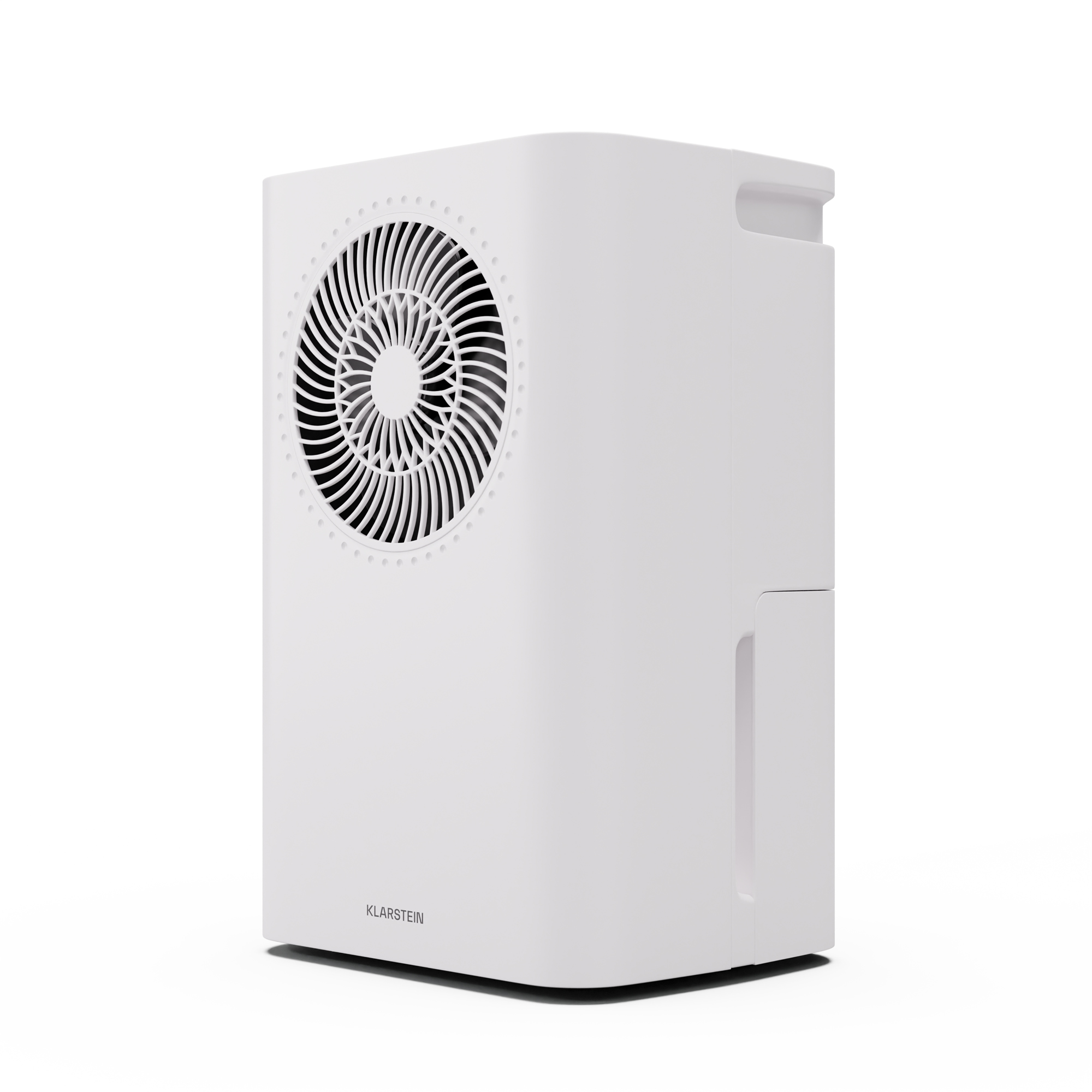 Deumidificatore bianco. Un deumidificatore bianco e squadrato con una presa d'aria circolare sul davanti.