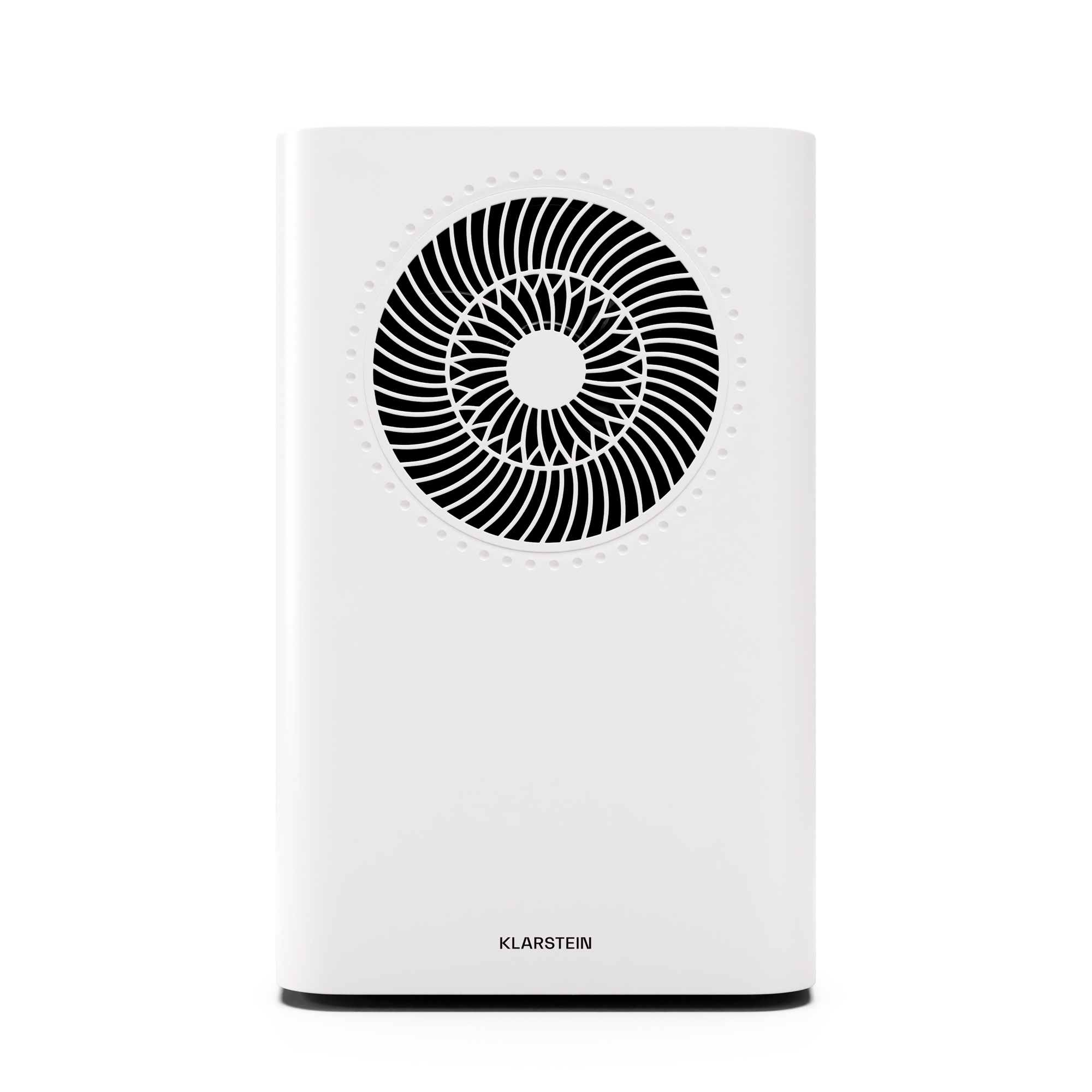 Purificatore d'aria rettangolare bianco con griglia circolare nera su sfondo bianco.