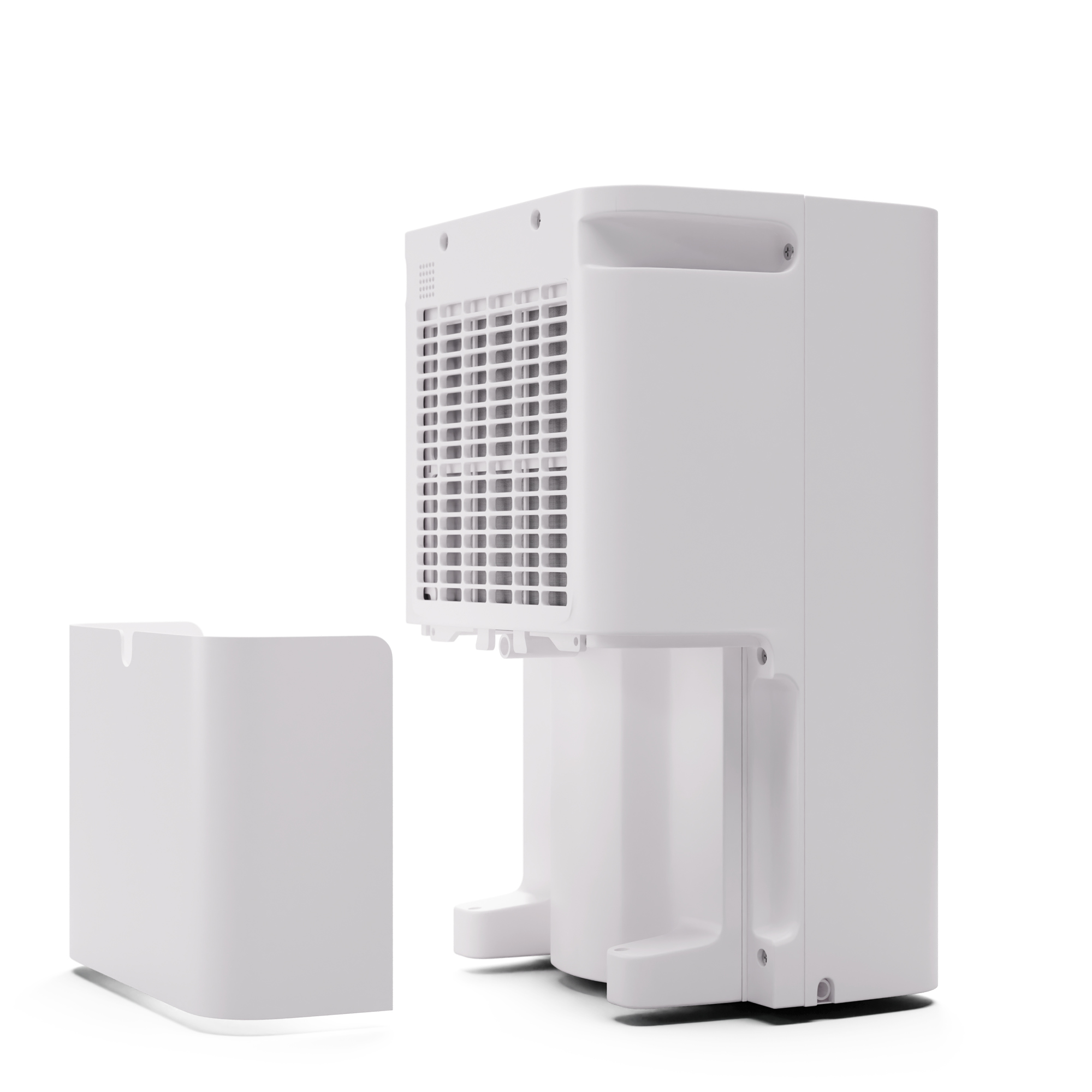 Un purificatore d'aria bianco con un contenitore bianco rimovibile. L'unità è alta e rettangolare.
