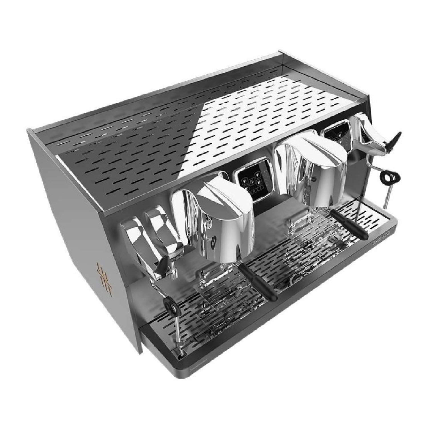 Máquina de espresso profesional de acero inoxidable con múltiples boquillas, sobre fondo blanco.