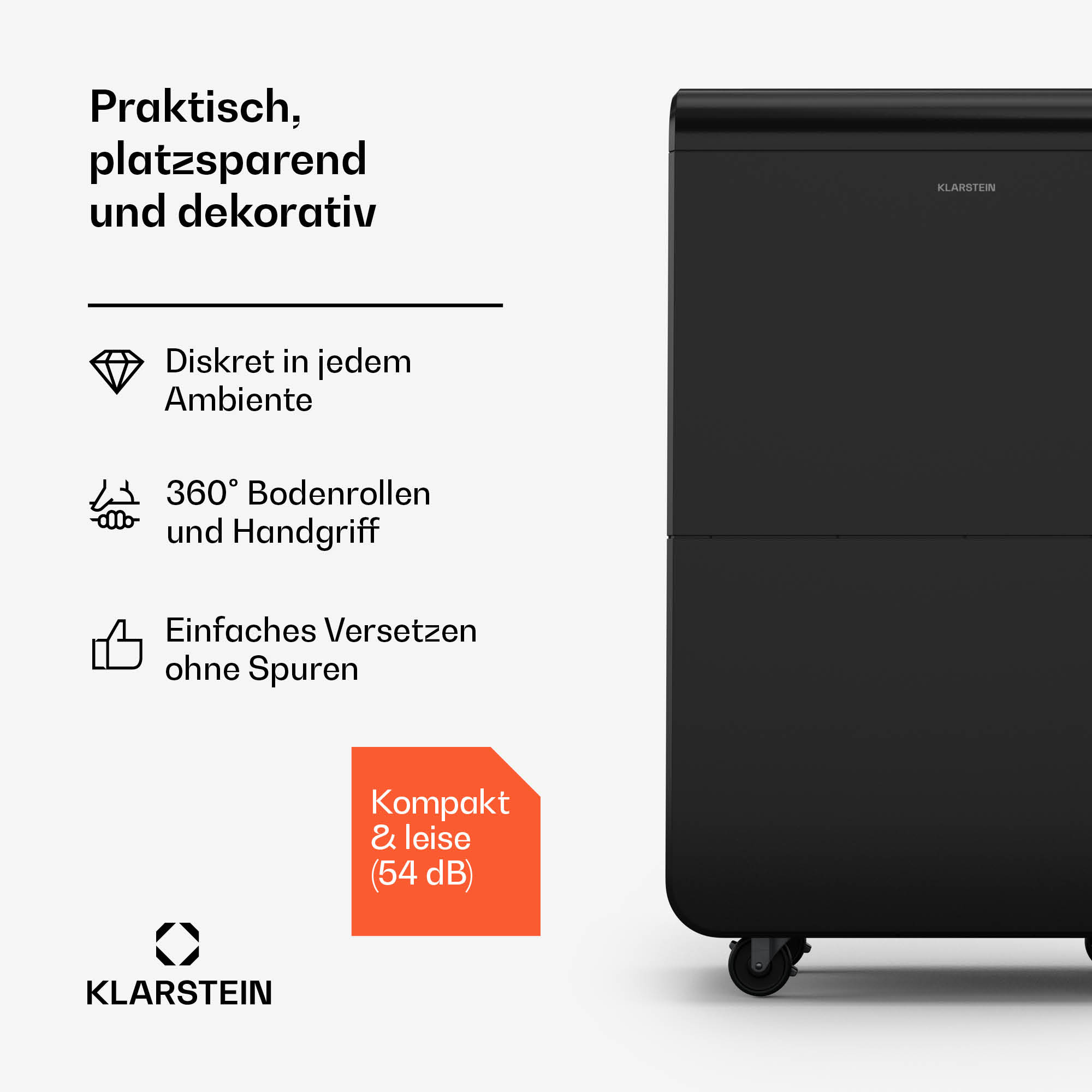 Schwarzer Luftentfeuchter mit Text, 'Kompakt & leise' und Symbolen, weißer Hintergrund.