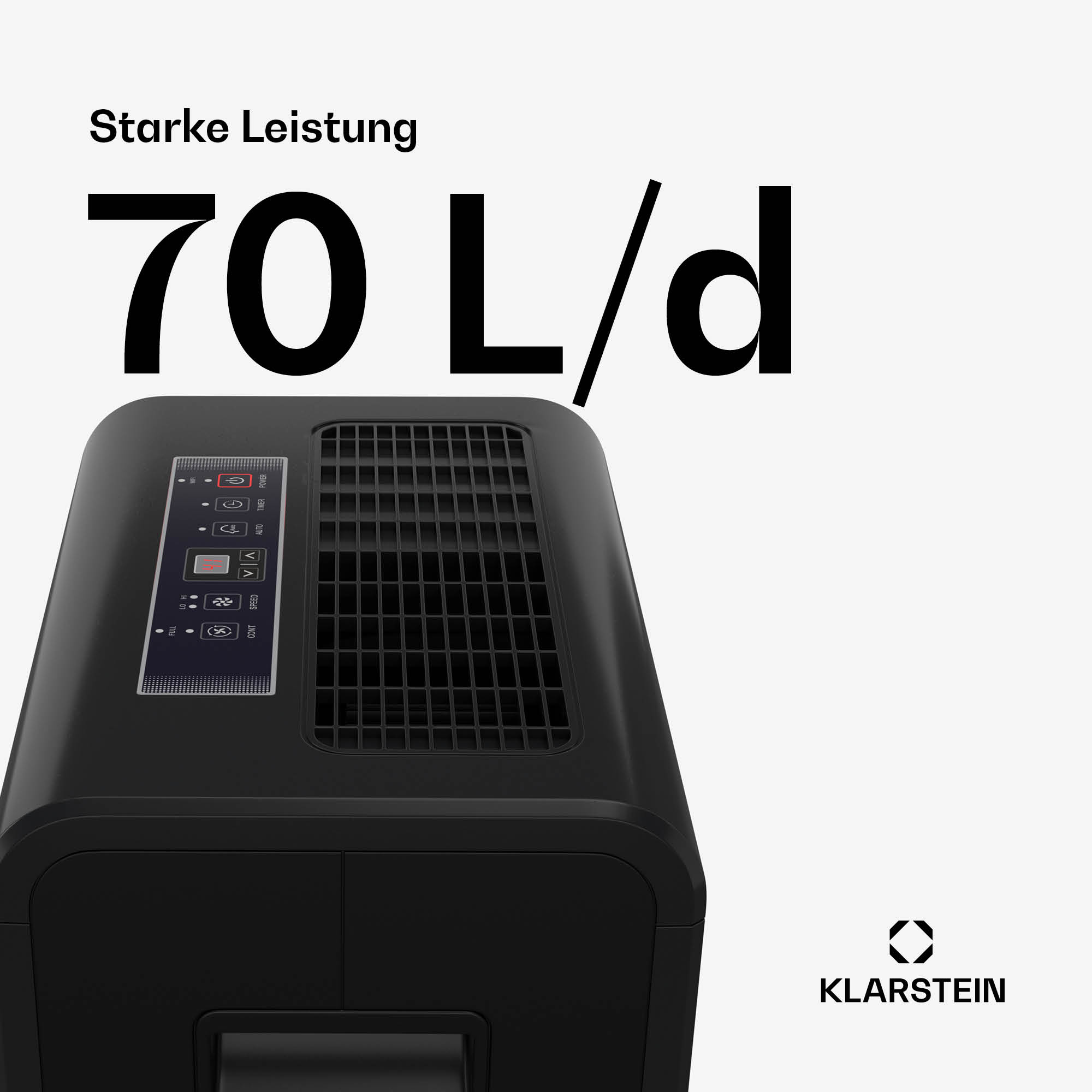 Ein schwarzer Luftentfeuchter mit digitaler Anzeige von 70 L/d, mit dem Klarstein-Logo.