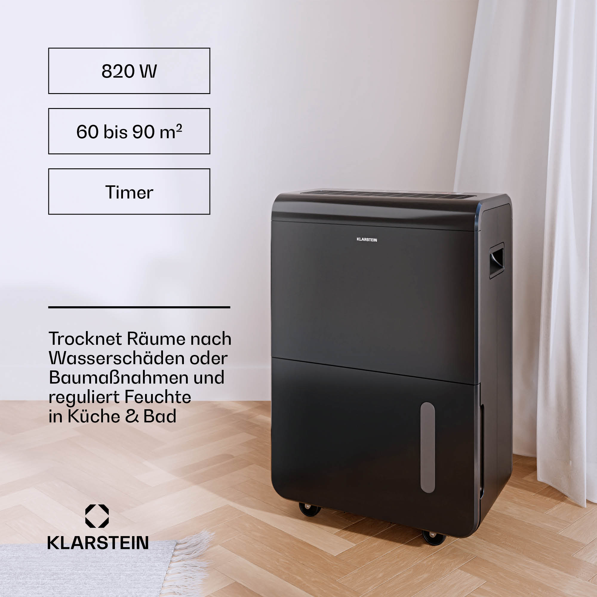 Schwarzer Luftentfeuchter mit Bedienfeld, Textanzeigen. Auf Rollen, mit Text: Klarstein, 820W, 60-90m².