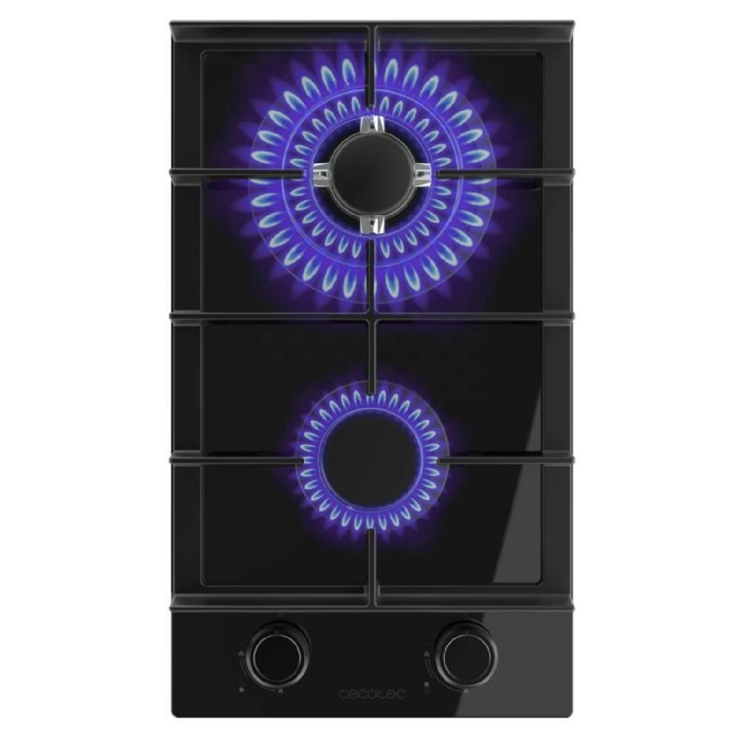 Piano cottura nero con fiamme blu. Due bruciatori sono accesi. Due manopole visibili nella parte inferiore.