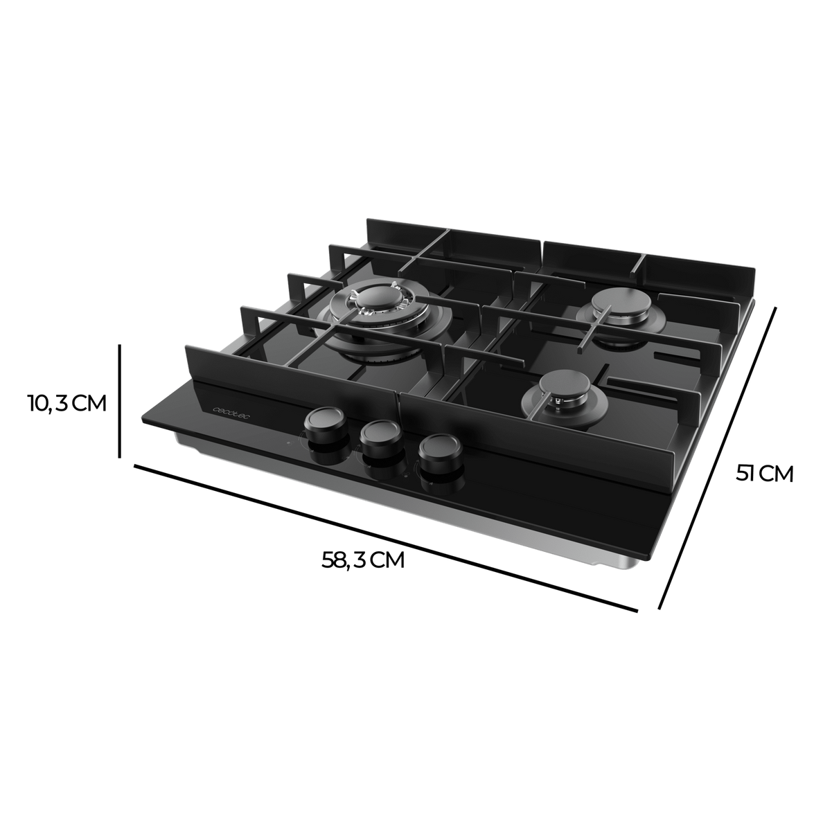 Czarna płyta kuchenna z trzema pokrętłami i wymiarami na czarnym tle.