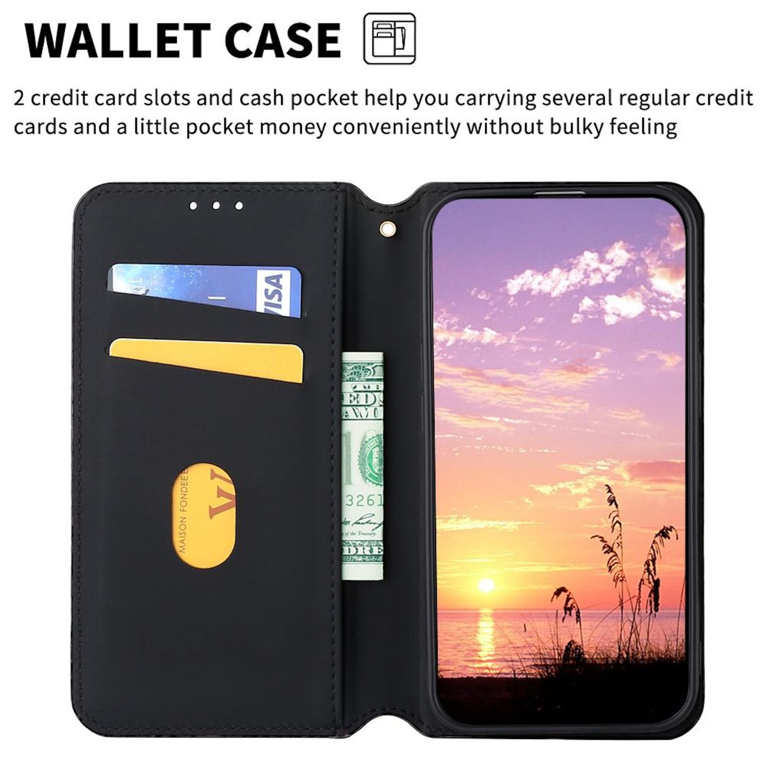 Schwarzes Brieftaschenetui mit Telefon, Karten und Geld. Sonnenuntergang auf dem Bildschirm.