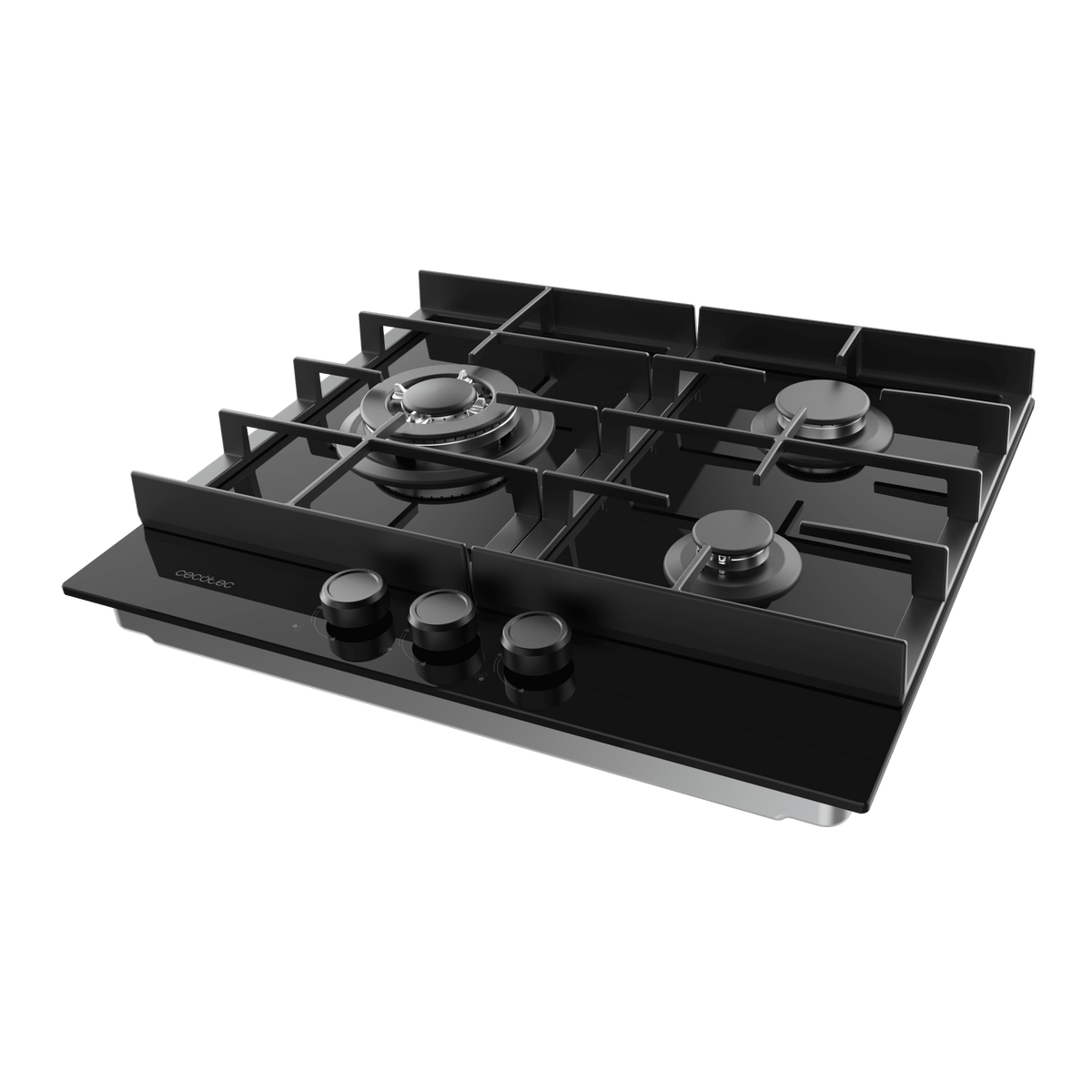 Czarna płyta gazowa z czterema palnikami. Logo Cecotec widoczne na dole.