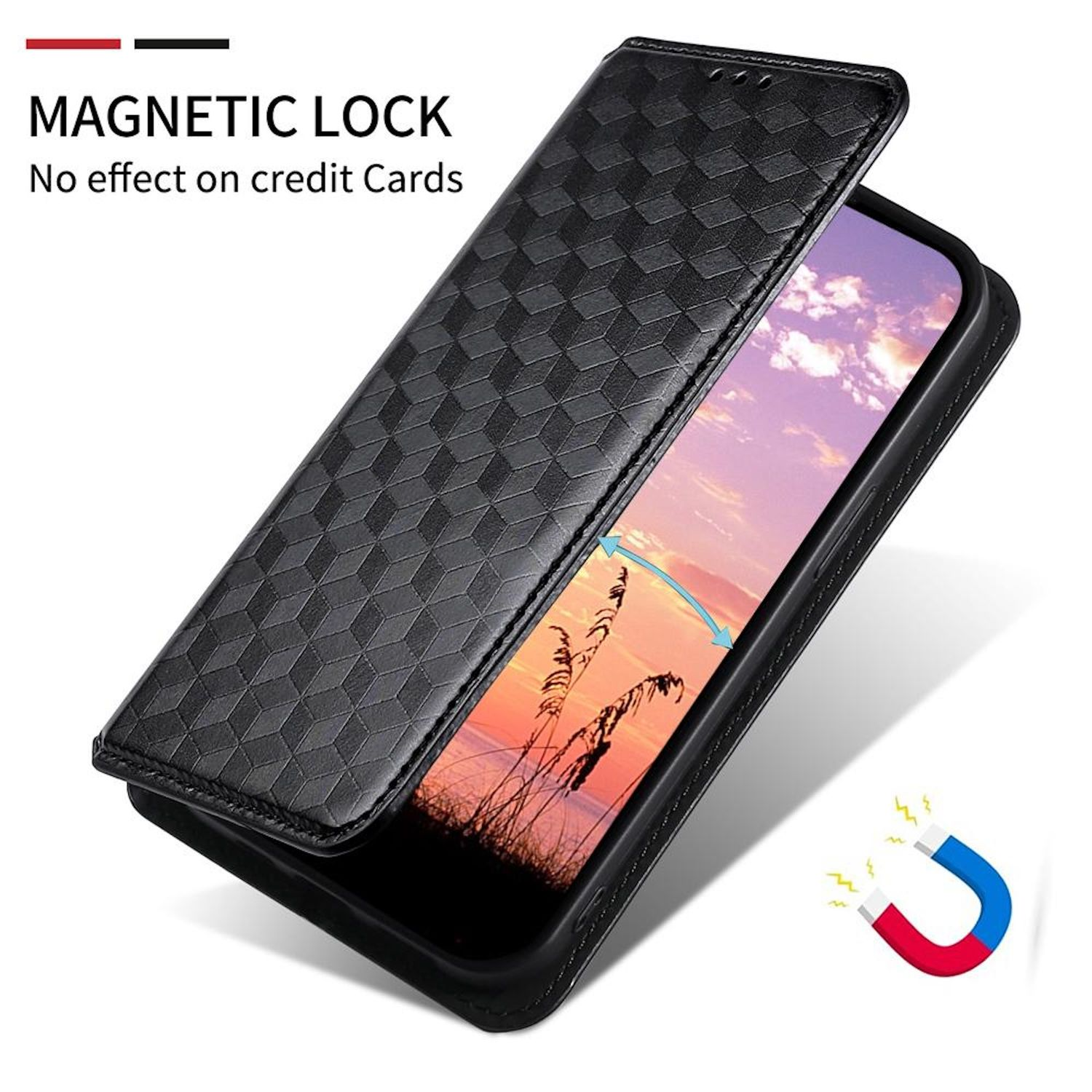 Schwarze Handyhülle mit Muster. Geöffnet, zeigt sie ein Sonnenuntergangsbild auf dem Bildschirm.
