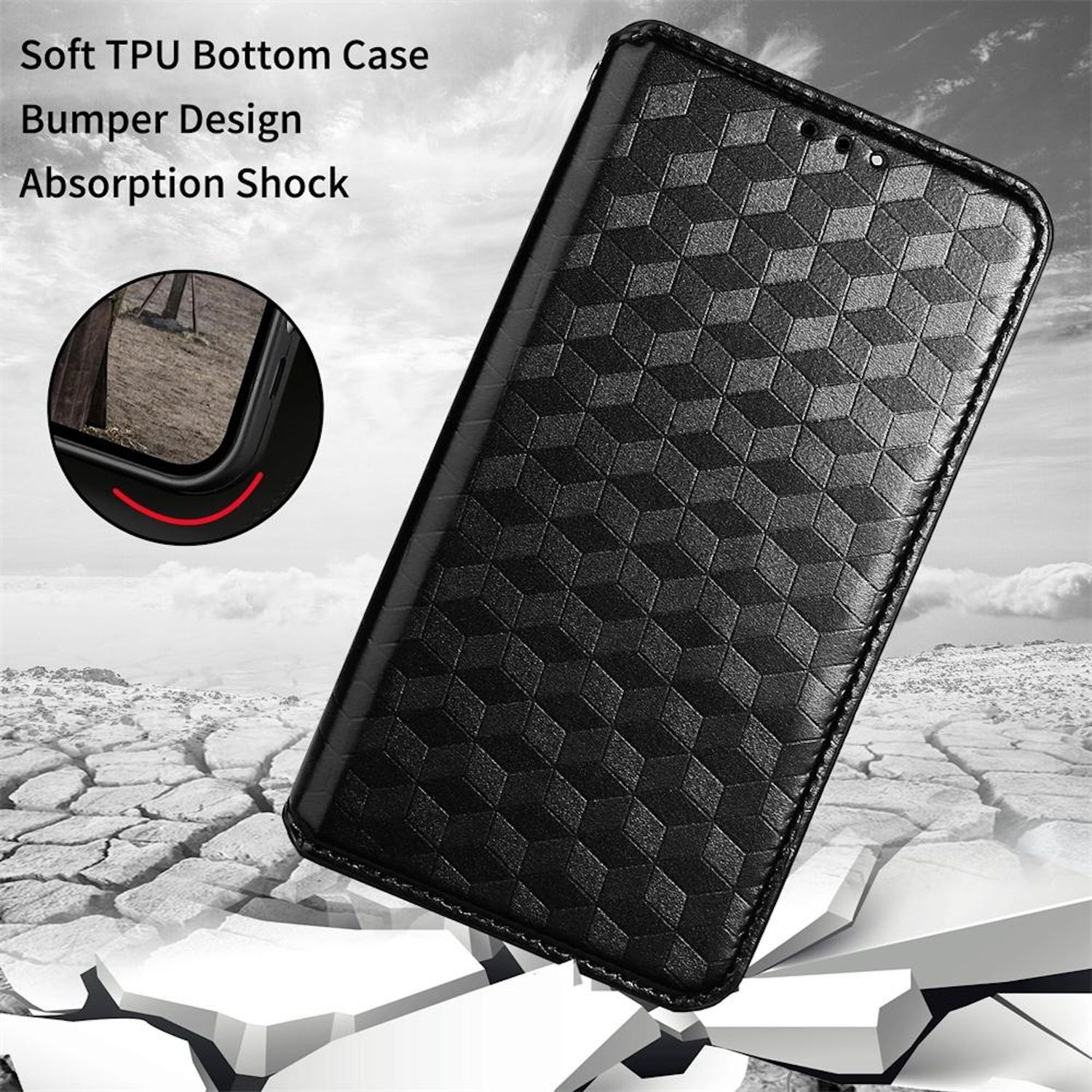 Schwarze Handyhülle mit strukturiertem Muster. Die Hülle liegt auf felsigem Untergrund, mit Text wie Soft TPU, Bumper Design.
