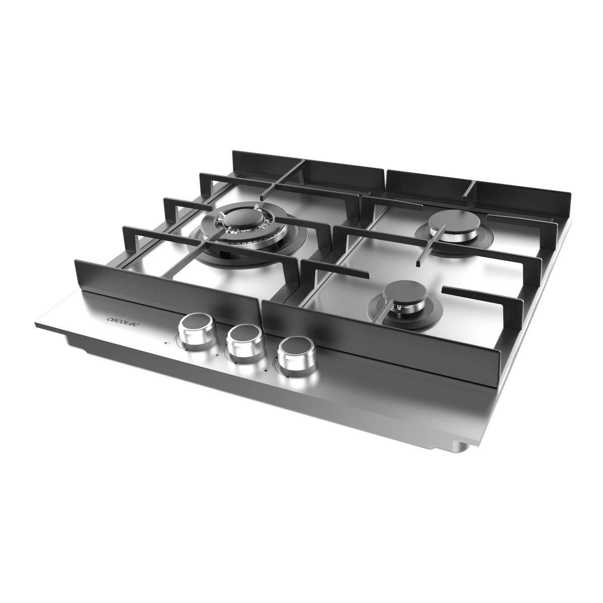 Płyta ze stali nierdzewnej. Widoczne cztery palniki i pokrętła. Czarne tło.