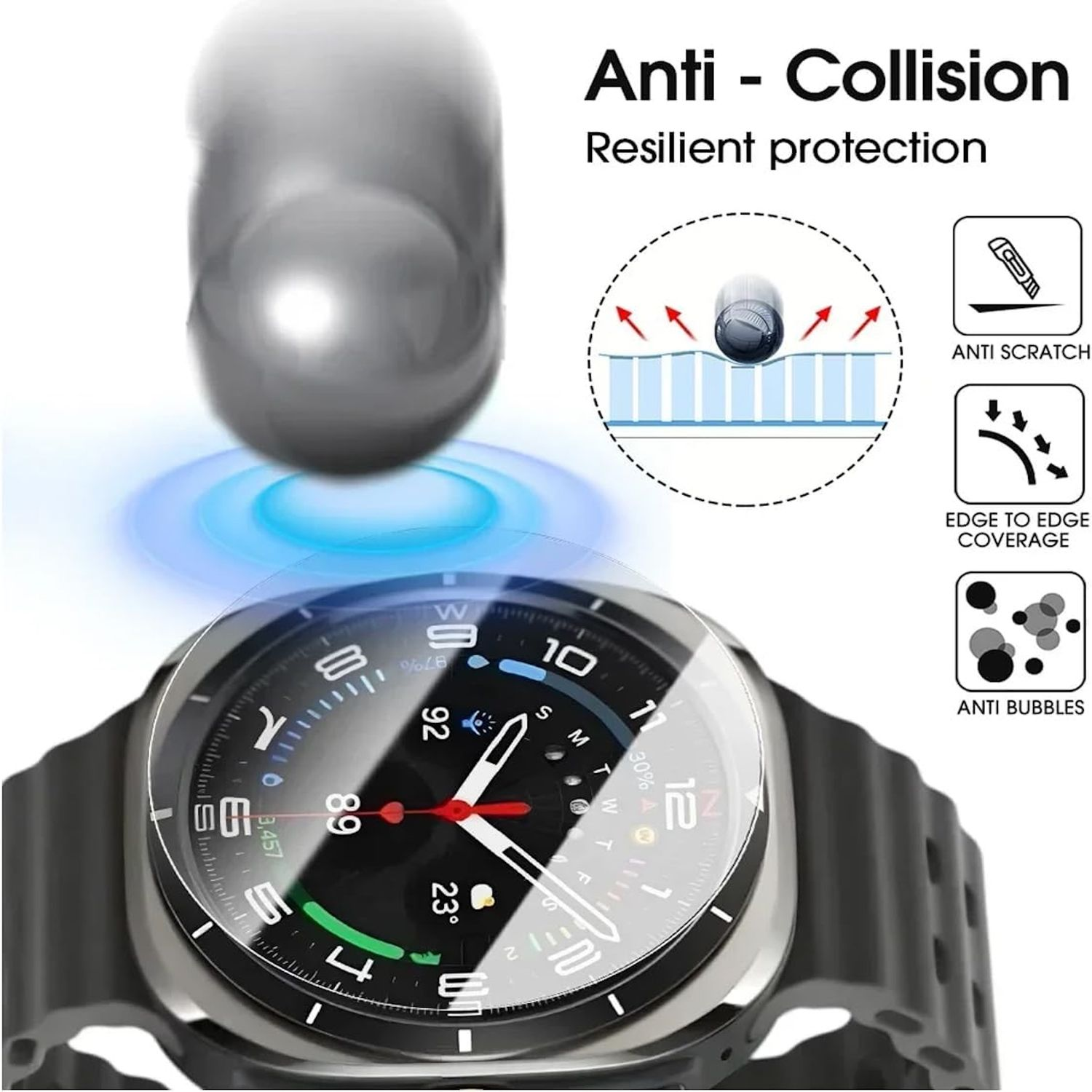 Uno smartwatch con protezione schermo e il testo 'Anti-Collision' e 'Resilient protection'.
