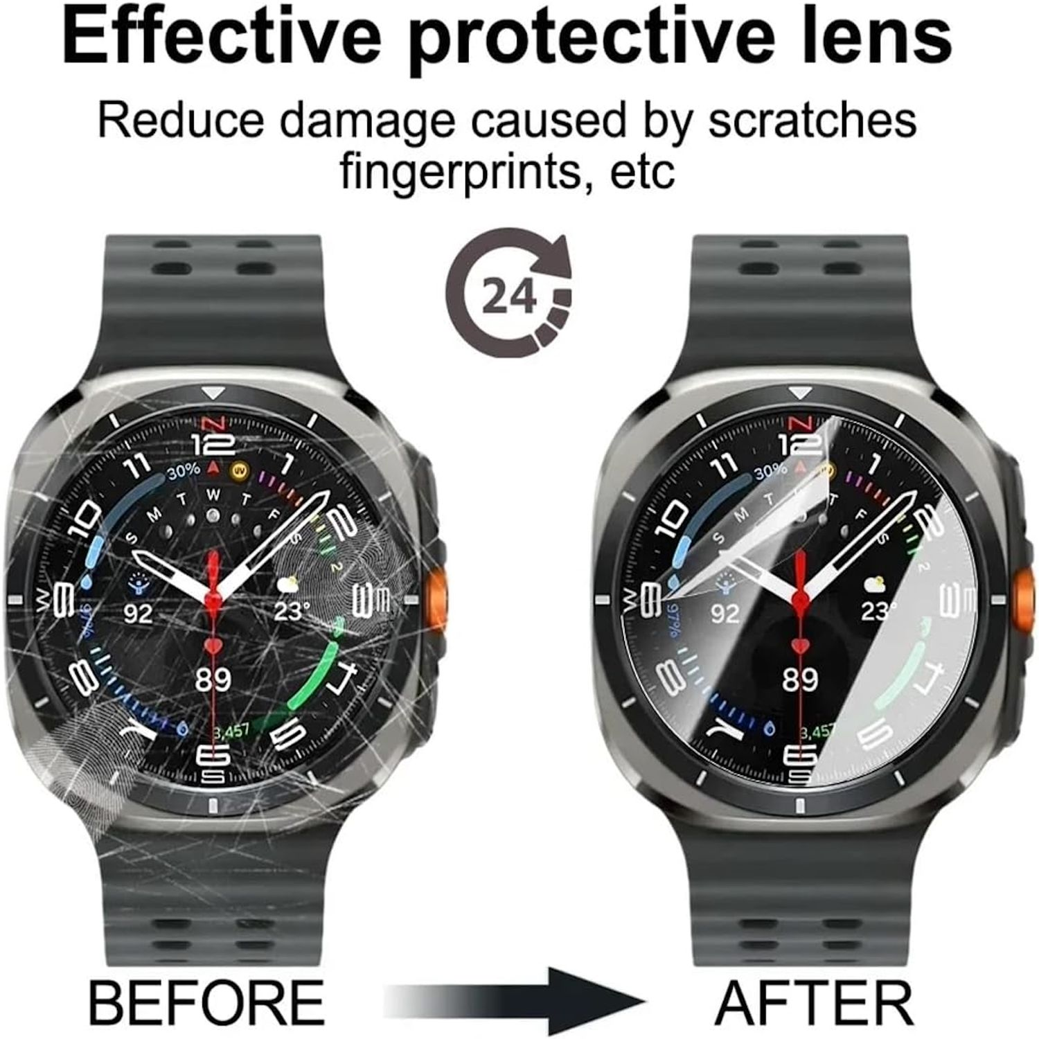 Due smartwatch, uno con schermo danneggiato e uno con schermo protetto. Etichette di testo.