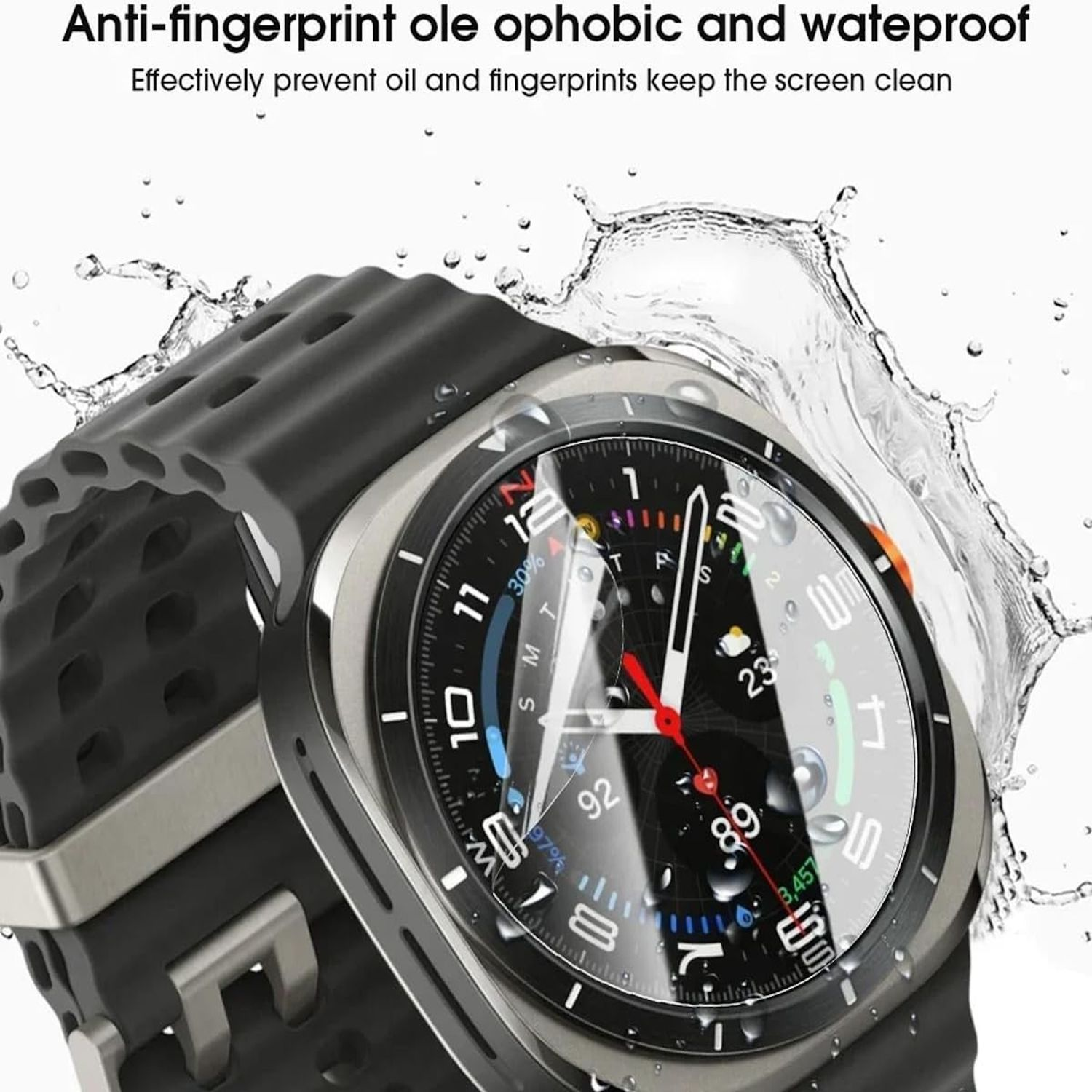 Primo piano di smartwatch con schizzo d'acqua. Display digitale. Cinturino nero. Lunetta argentata. Design moderno. Tecnologia.