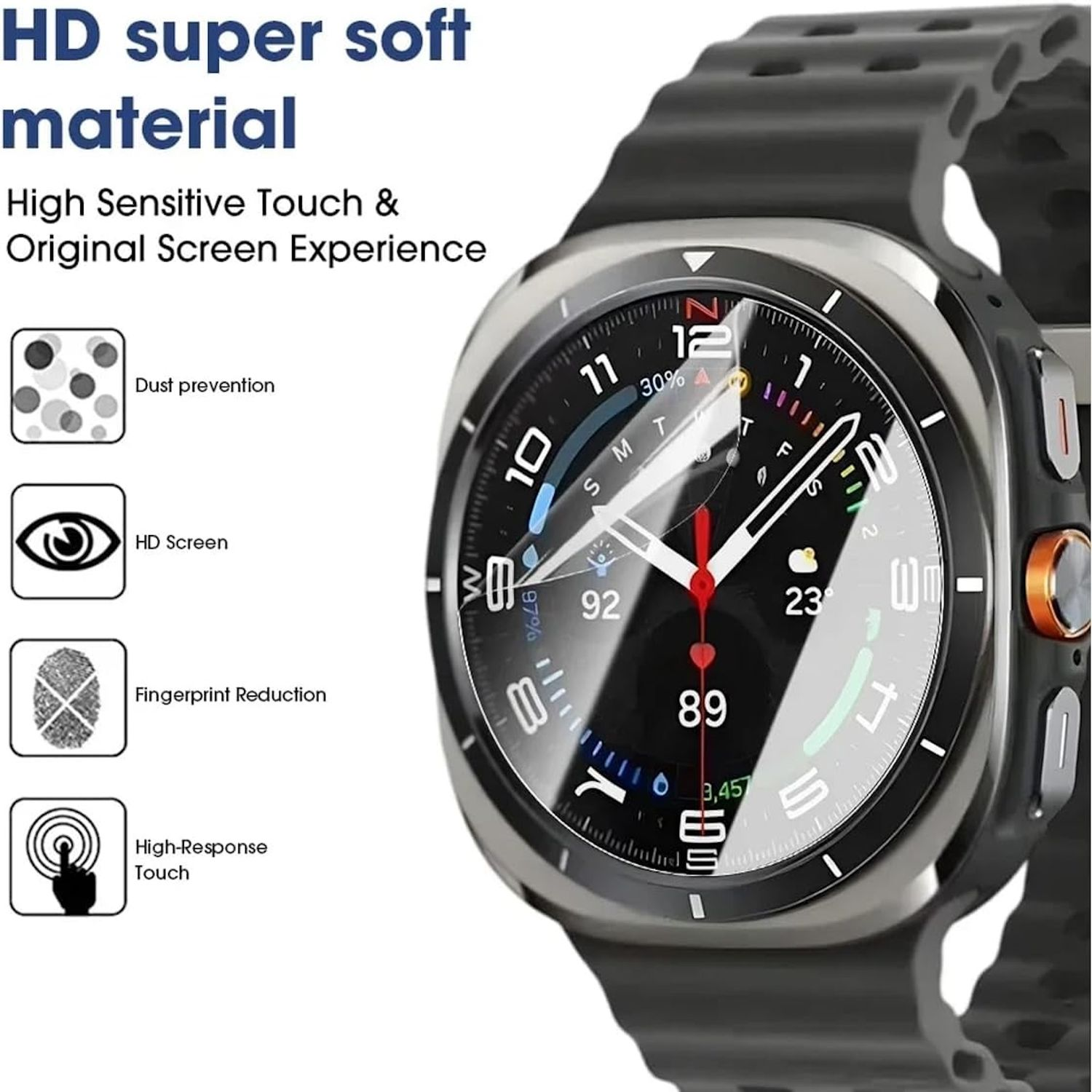 Primo piano di smartwatch con icone. Display digitale. Cinturino nero. Design moderno. Prevenzione della polvere. Touch ad alta risposta.