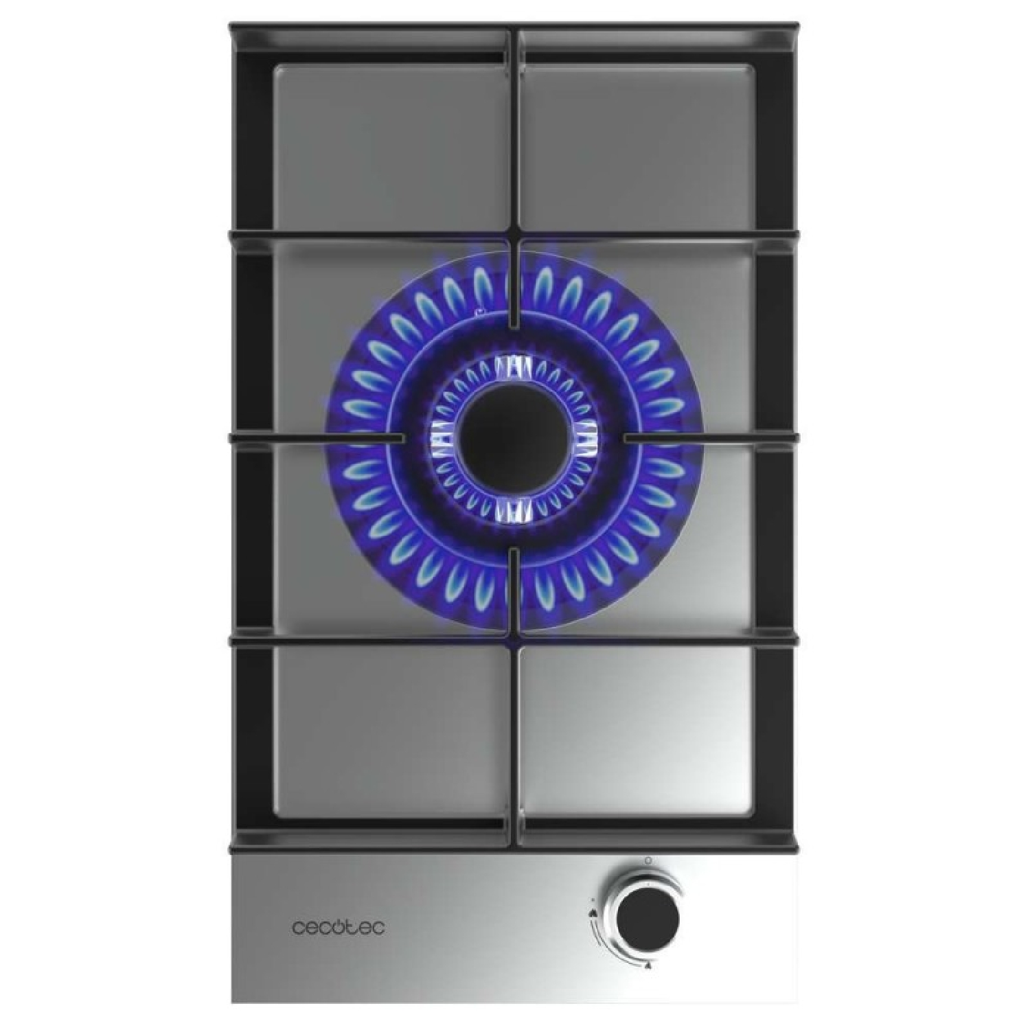 Una estufa de gas con cuatro quemadores, una superficie de acero inoxidable y un mando, vista superior.