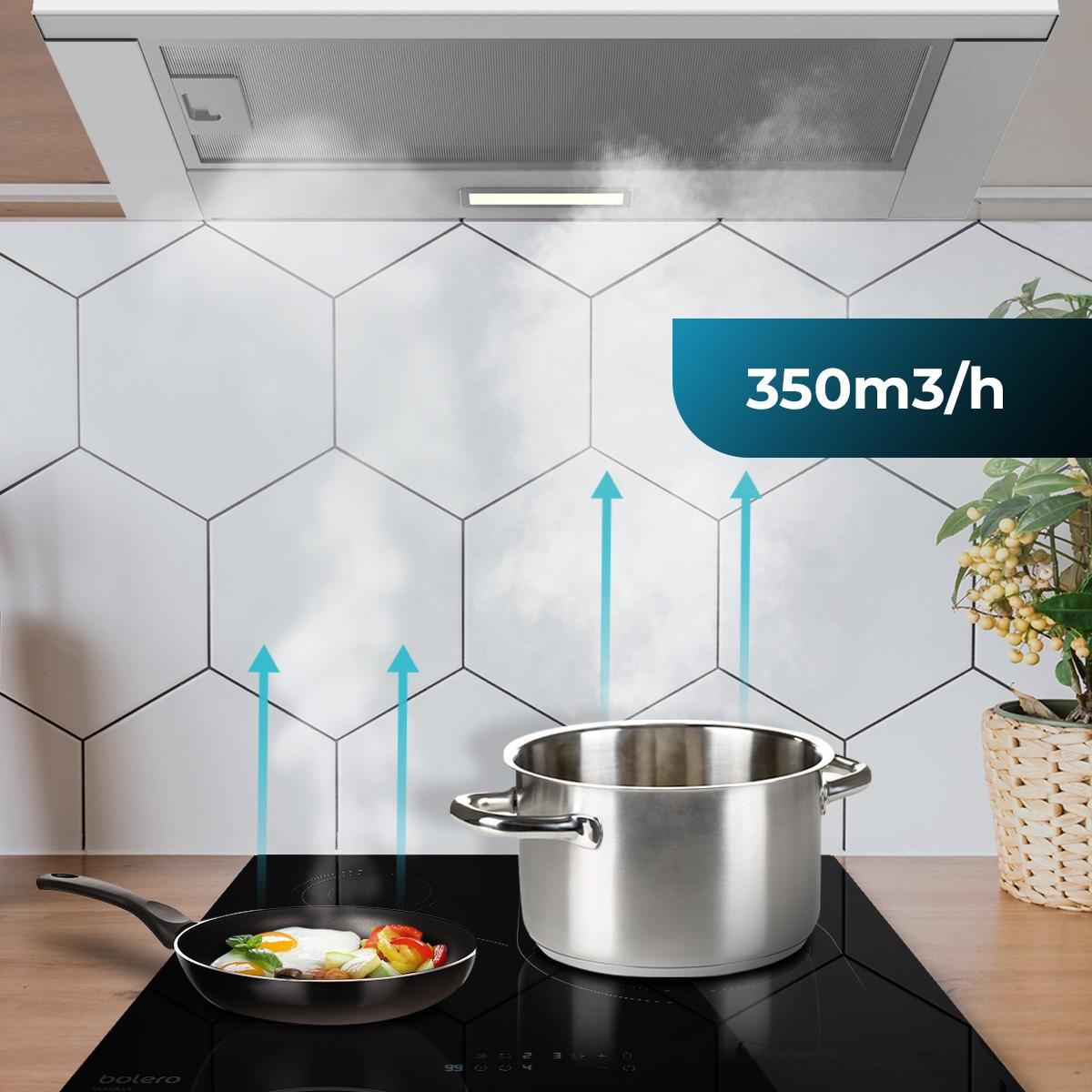 Escena de cocina con estufa, sartén con comida, olla y campana extractora con flechas indicando humo.