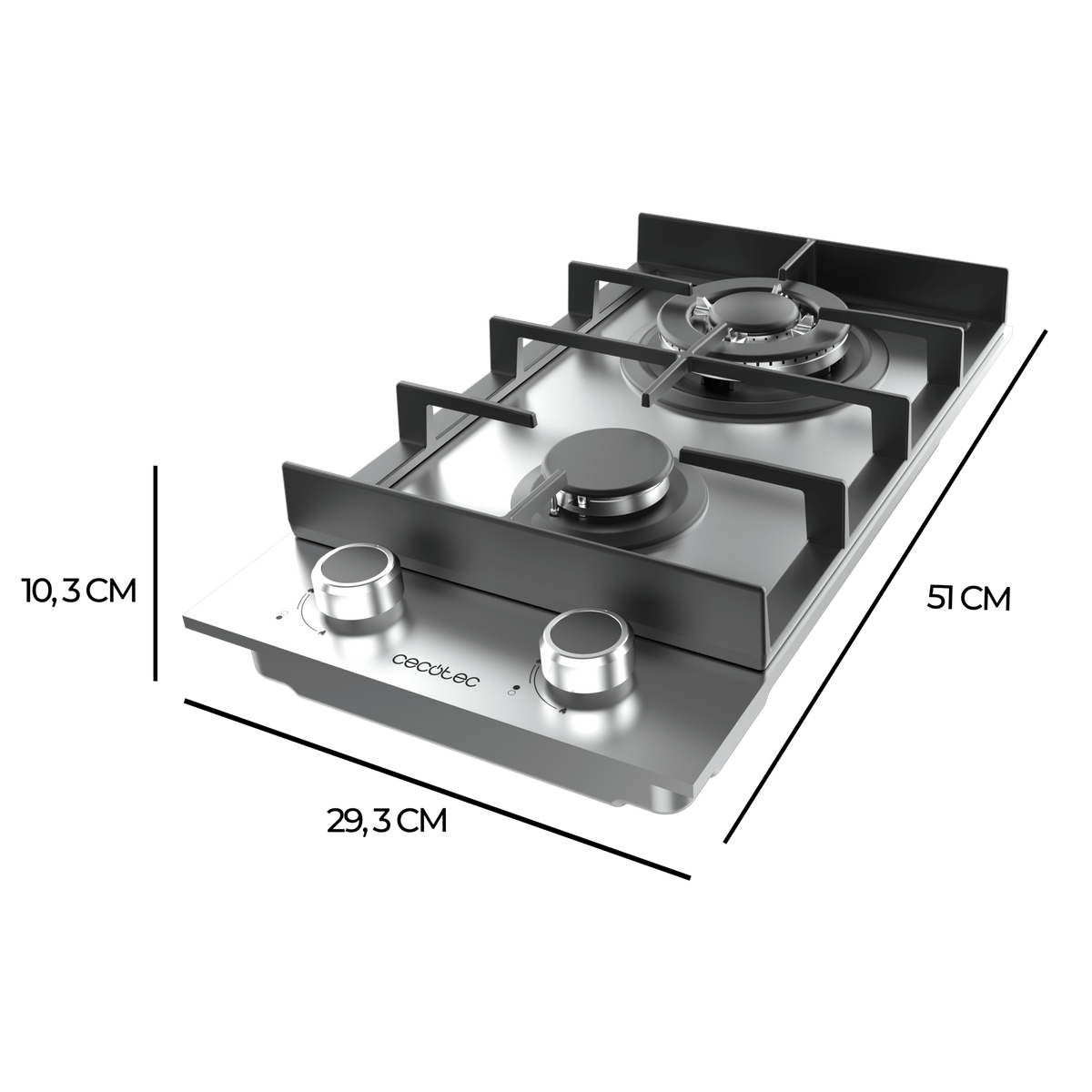 Płyta kuchenna ze stali nierdzewnej z dwoma palnikami, pokrętłami i eleganckim designem.