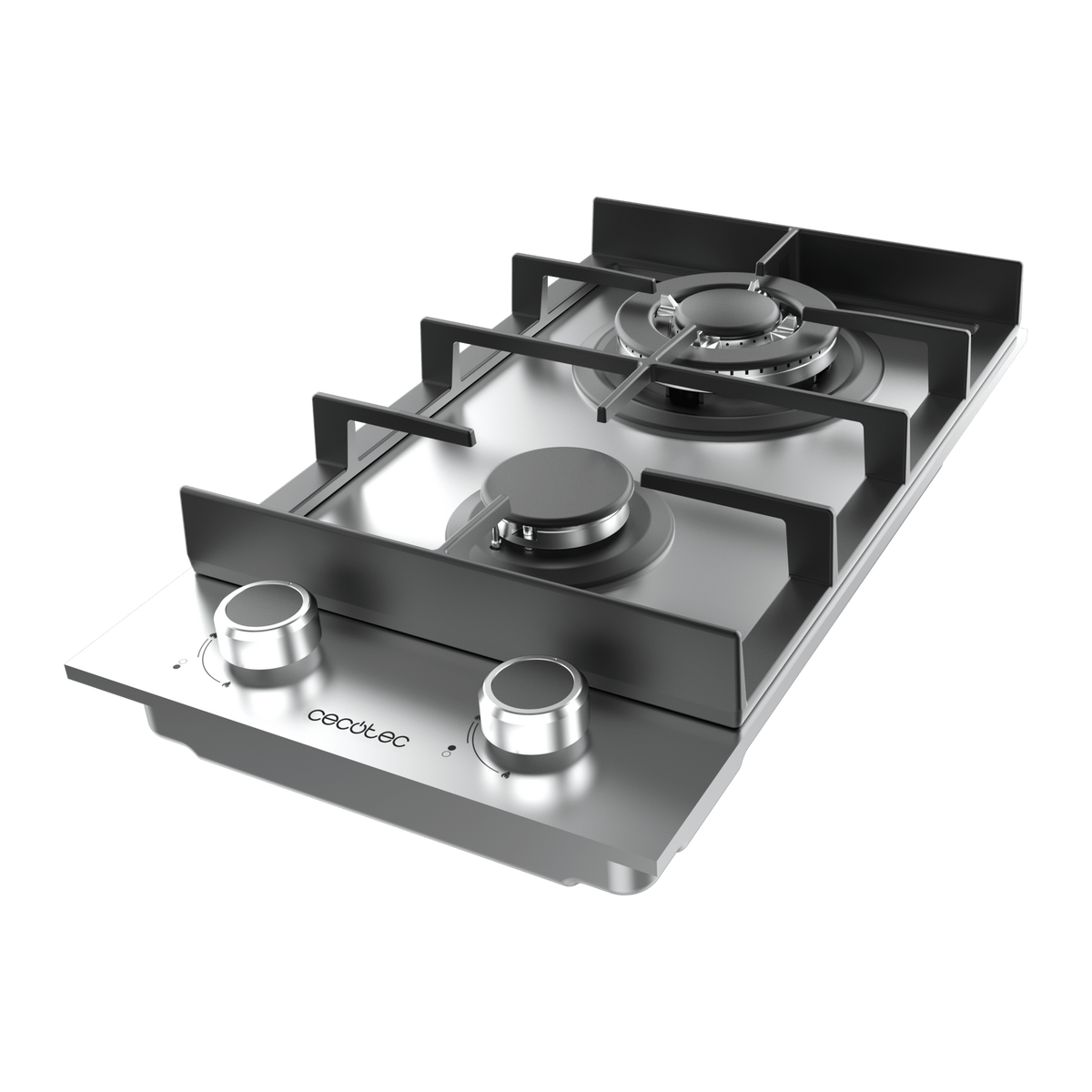 Płyta kuchenna ze stali nierdzewnej z dwoma palnikami. Izolowana na czarnym tle. Widok z góry.