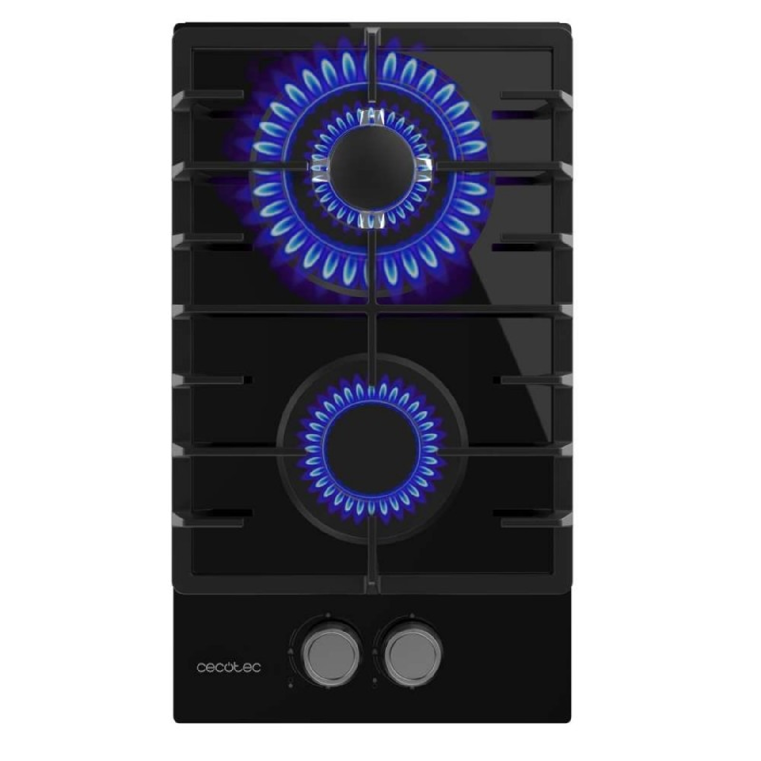 Czarna płyta kuchenna z dwoma palnikami płonącymi niebieskimi płomieniami. Widok z przodu, na białym tle.