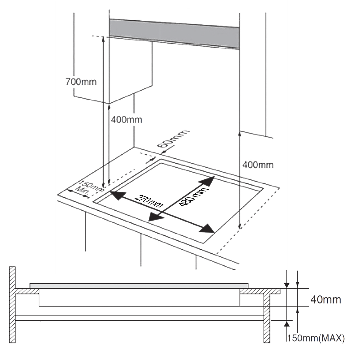 Schemat z wymiarami płyty kuchennej. Pokazuje wymiary w milimetrach.